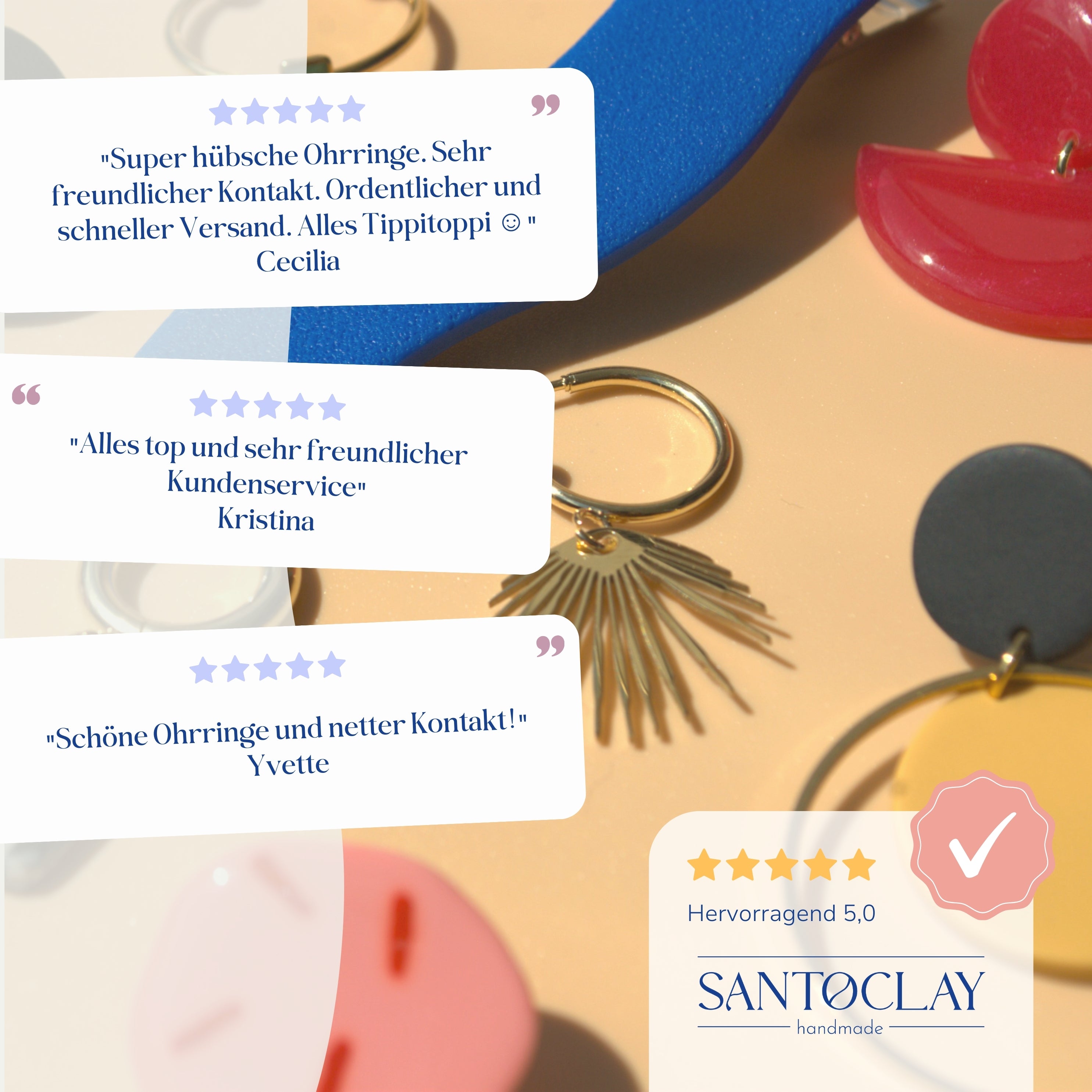 Kundenbewertungen für Santoclay Schmuck mit positiven Rückmeldungen und einer Bewertung von 5,0 Sternen.