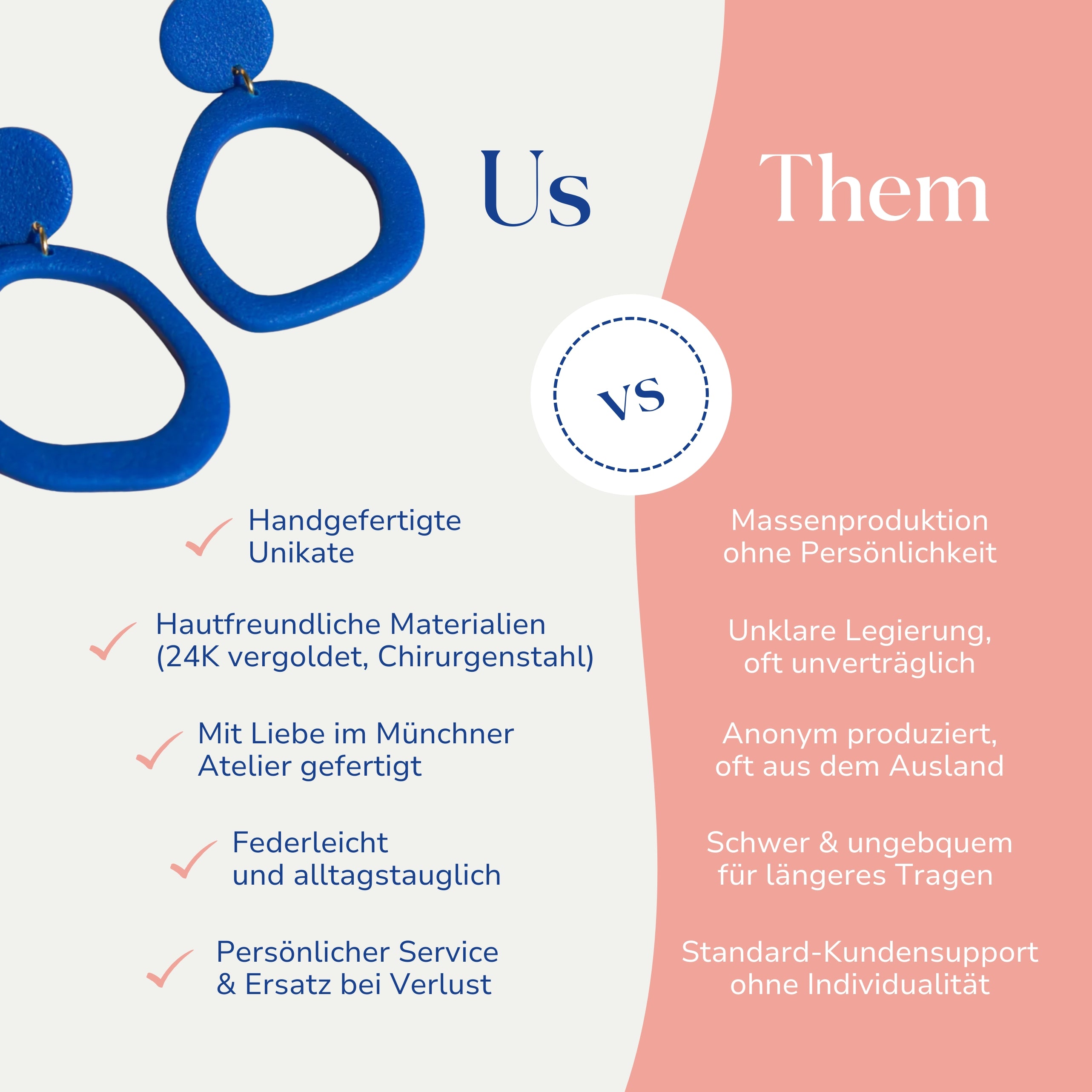 Vergleich zwischen Santoclay handgefertigten Ipanema Ohrringen in Blau und Massenproduktion, dargestellt mit einer Gegenüberstellung.