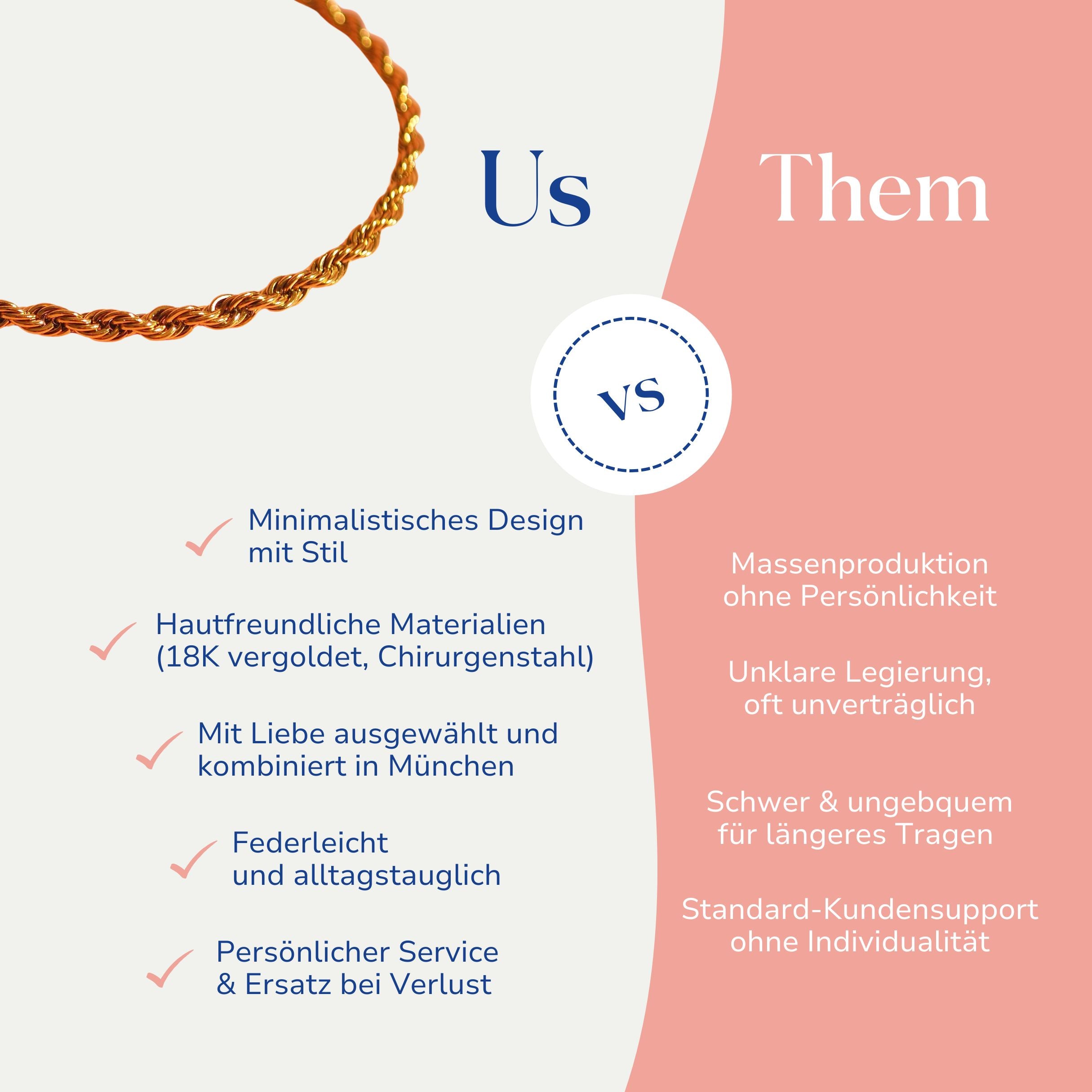 Vergleich zwischen der vergoldeten Basic Seilkette von Santoclay und herkömmlichem Modeschmuck