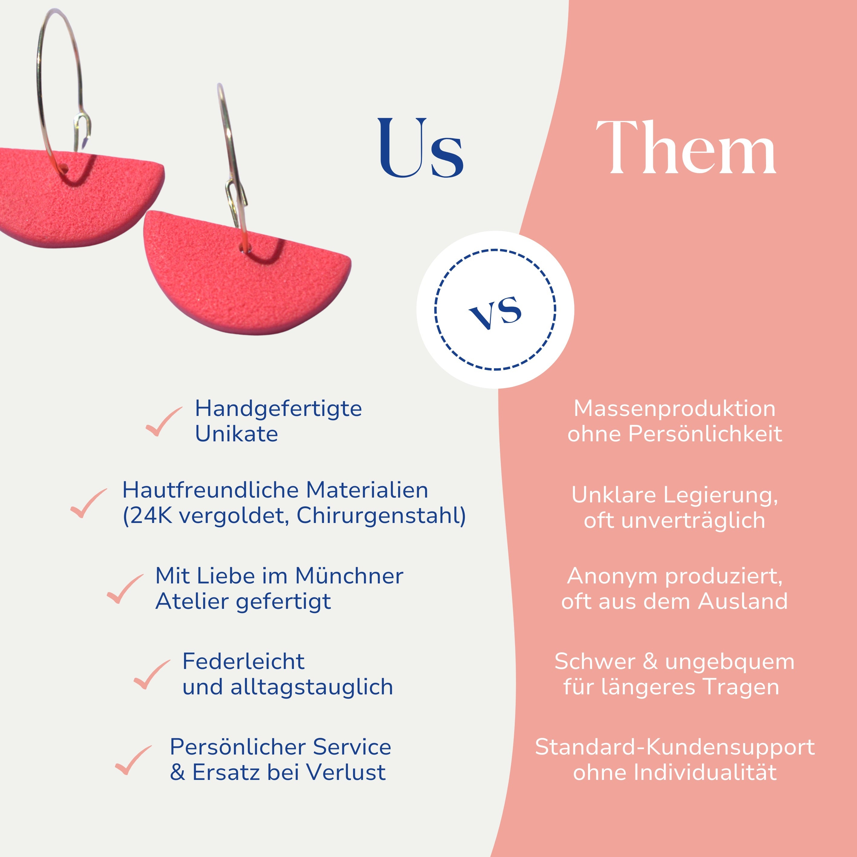 Vergleich zwischen bunten Creolen in Lila und Pink von Santoclay und herkömmlichem Modeschmuck