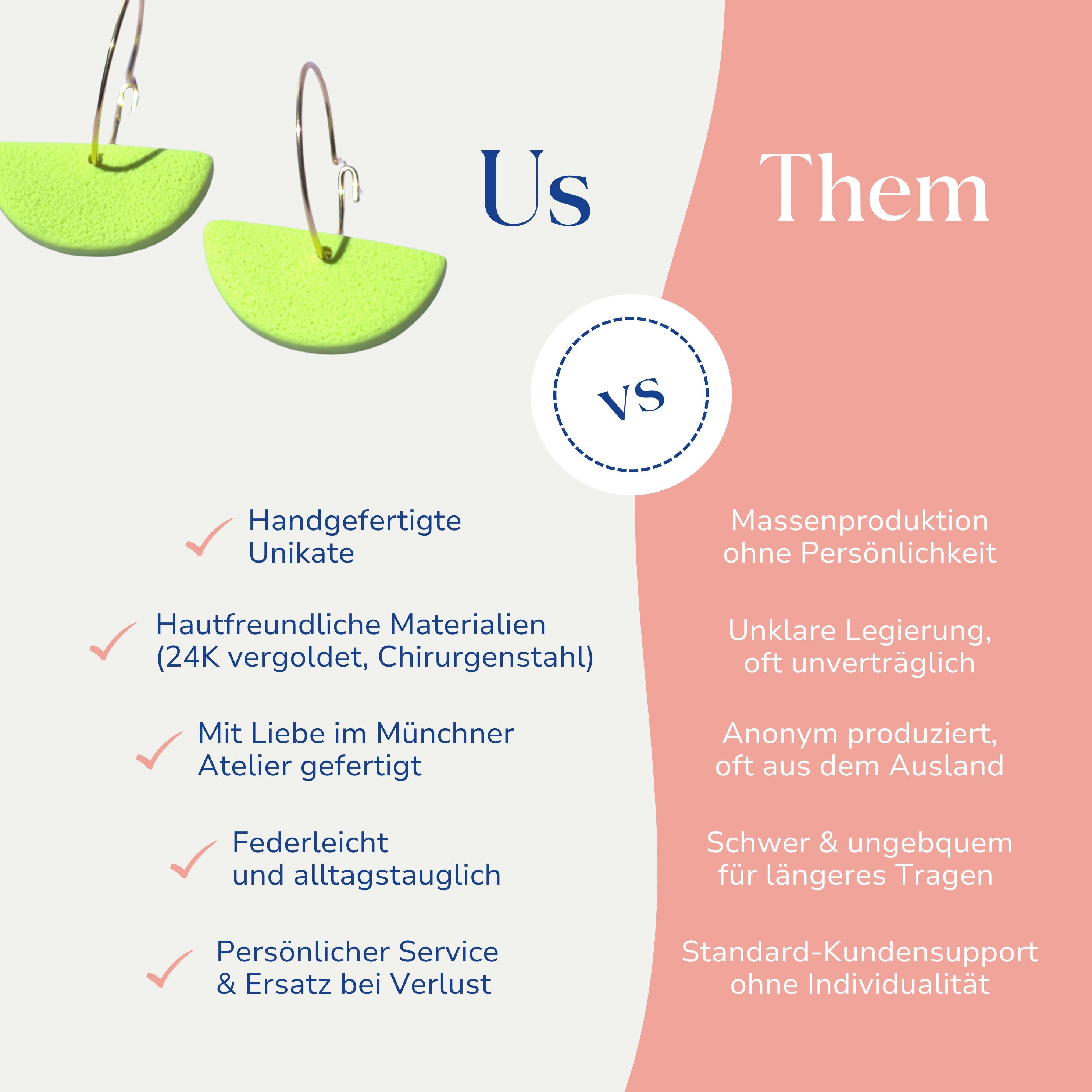 Vergleich zwischen bunten Creolen orange und zitrone von Santoclay und herkömmlichem Modeschmuck