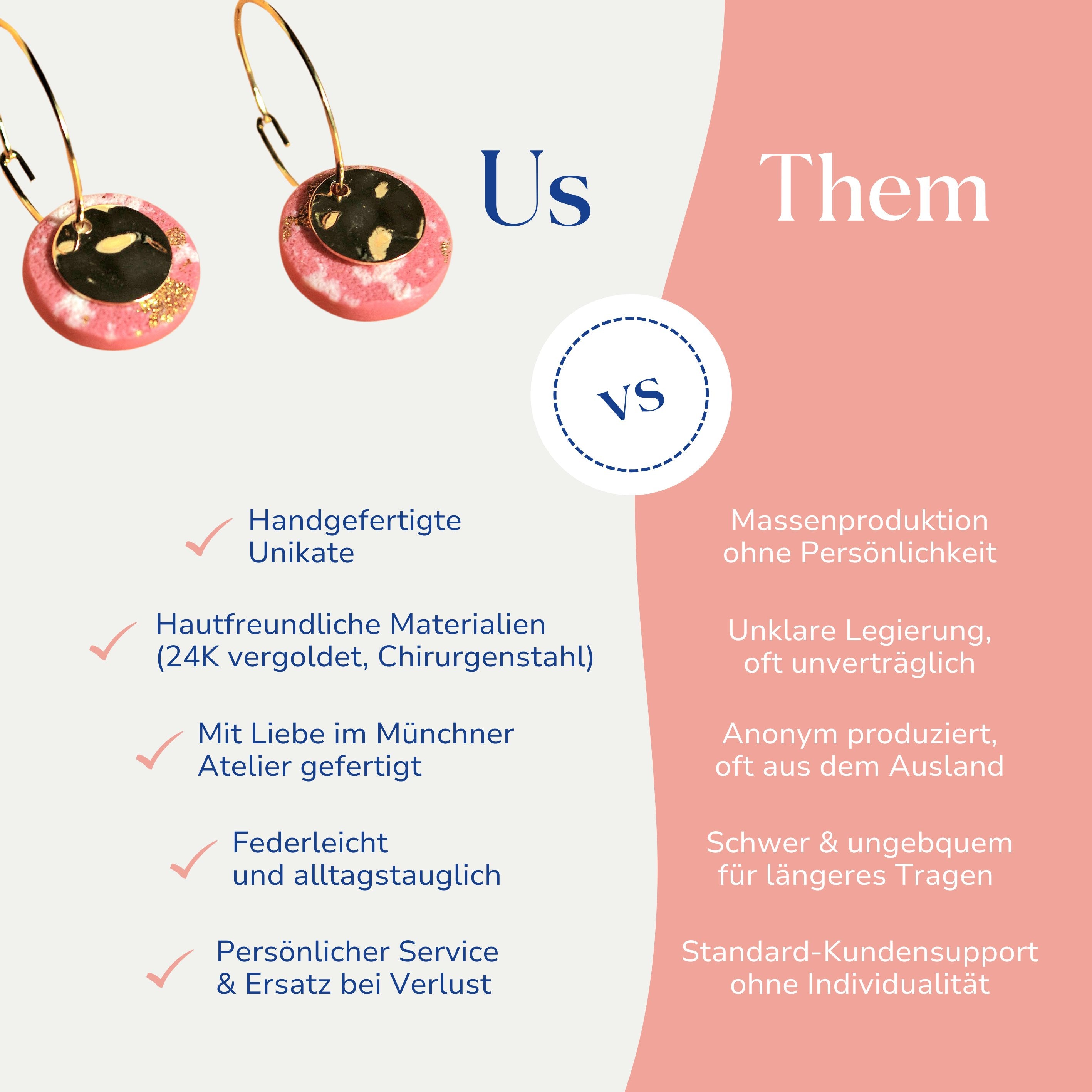 Vergleich zwischen minimalistischen Creolen 18k vergoldet von Santoclay und herkömmlichem Modeschmuck