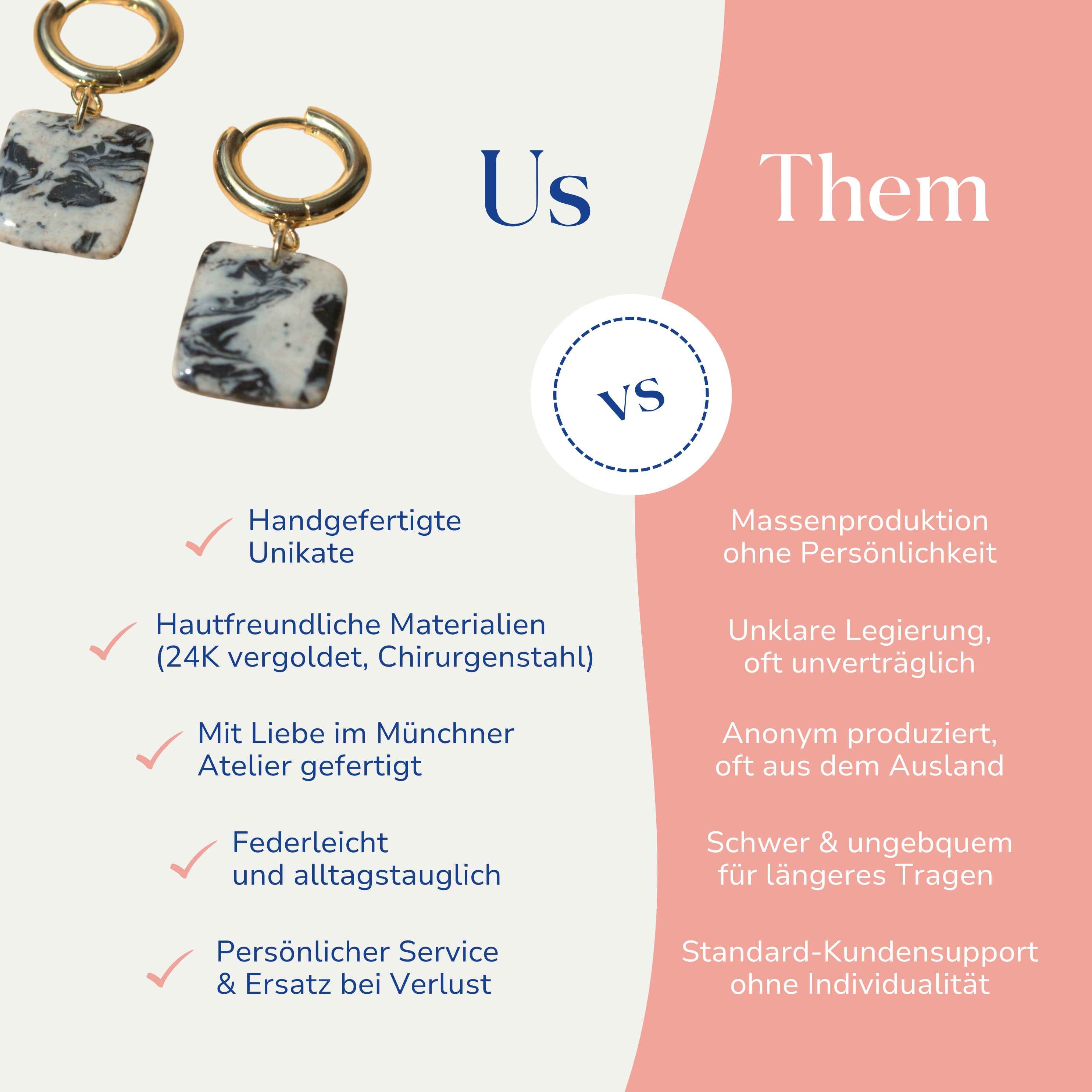 Vergleich zwischen Creolen in Marmoroptik 24k vergoldet von Santoclay und herkömmlichem Modeschmuck