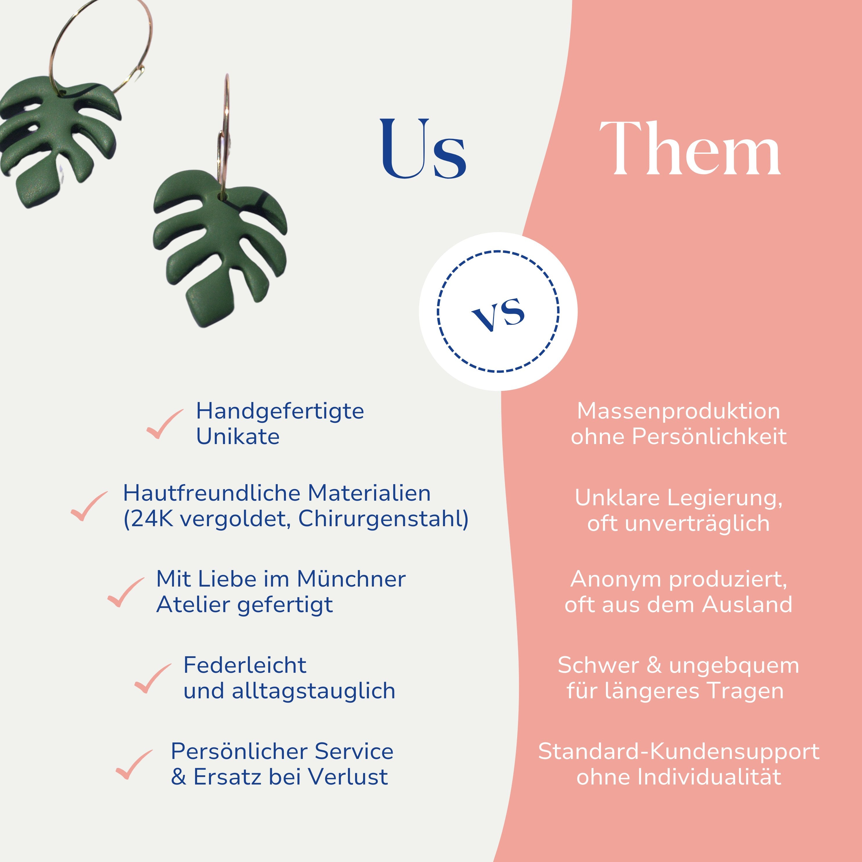 Vergleich zwischen Monstera Creolen 18k vergoldet von Santoclay und herkömmlichem Modeschmuck