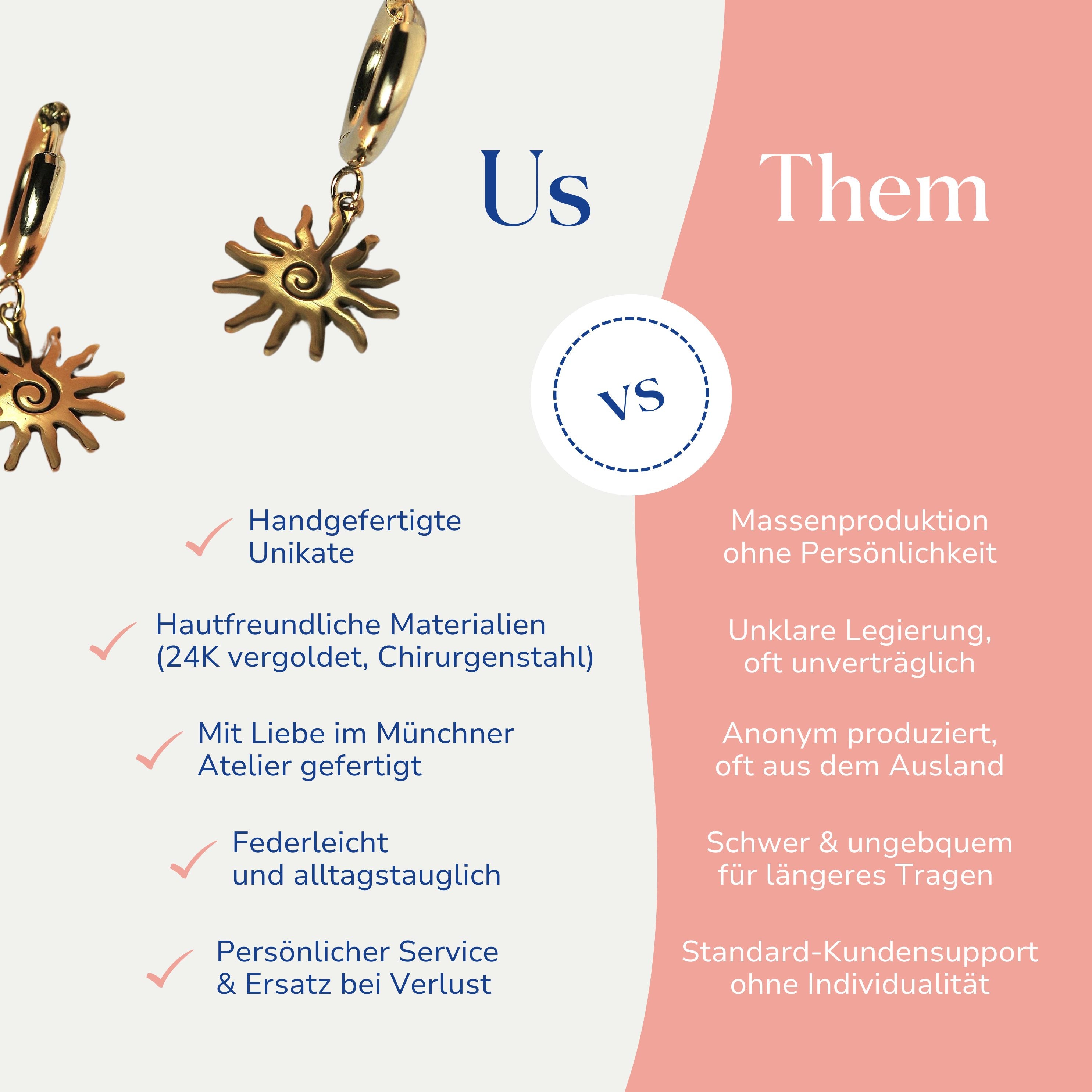 Vergleich zwischen goldenen Creolen mit Sonnenanhänger von Santoclay und herkömmlichem Modeschmuck