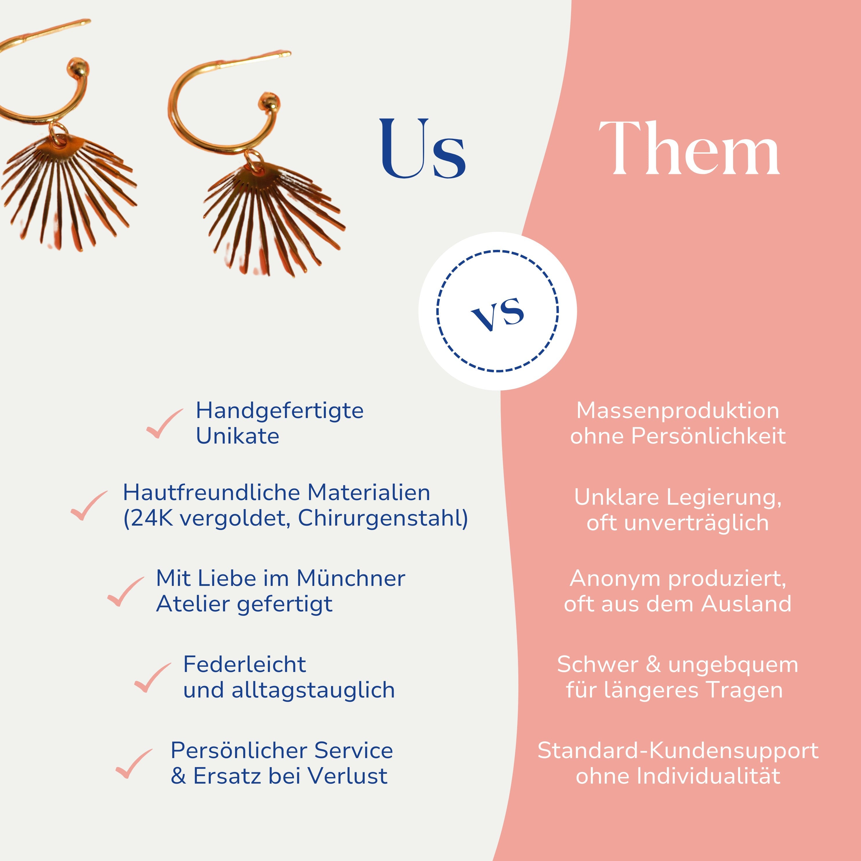 Vergleich zwischen Creolen mit Sonnenmotiv 24k vergoldet von Santoclay und herkömmlichem Modeschmuck