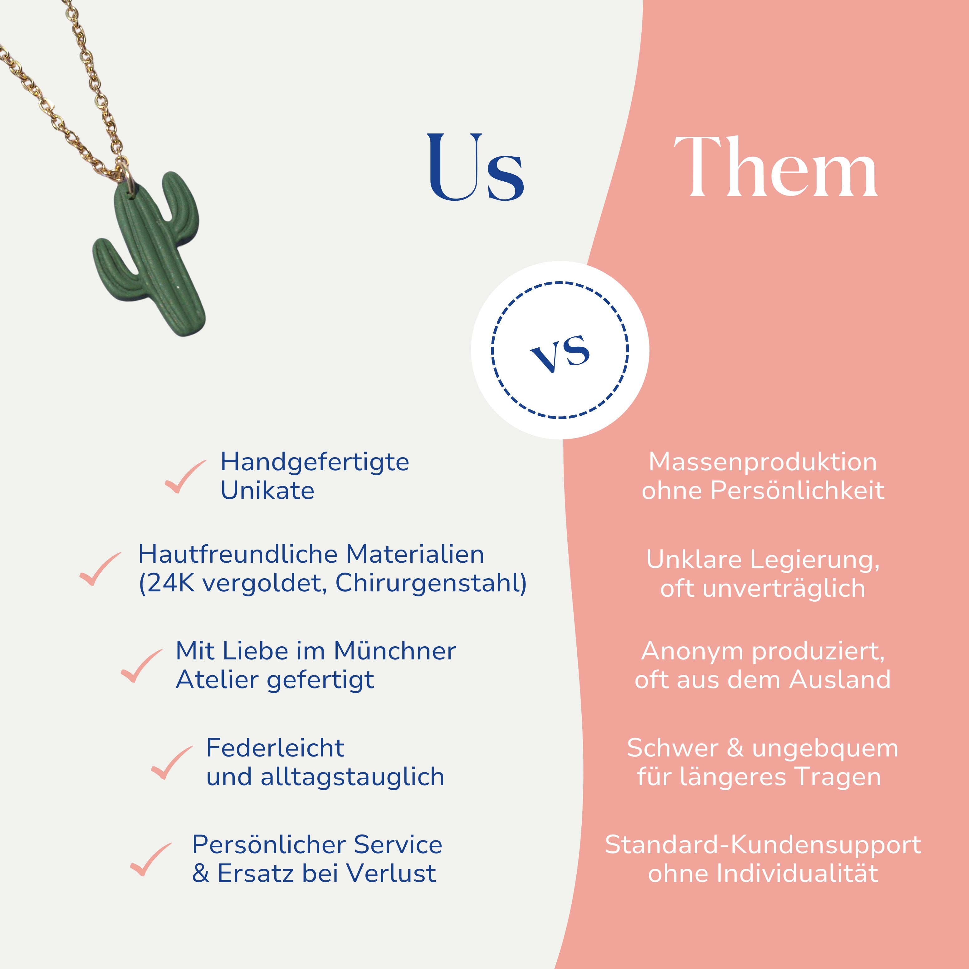 Vergleich zwischen der handgemachten Kaktus Halskette vergoldet aus Edelstahl von Santoclay und herkömmlichem Modeschmuck