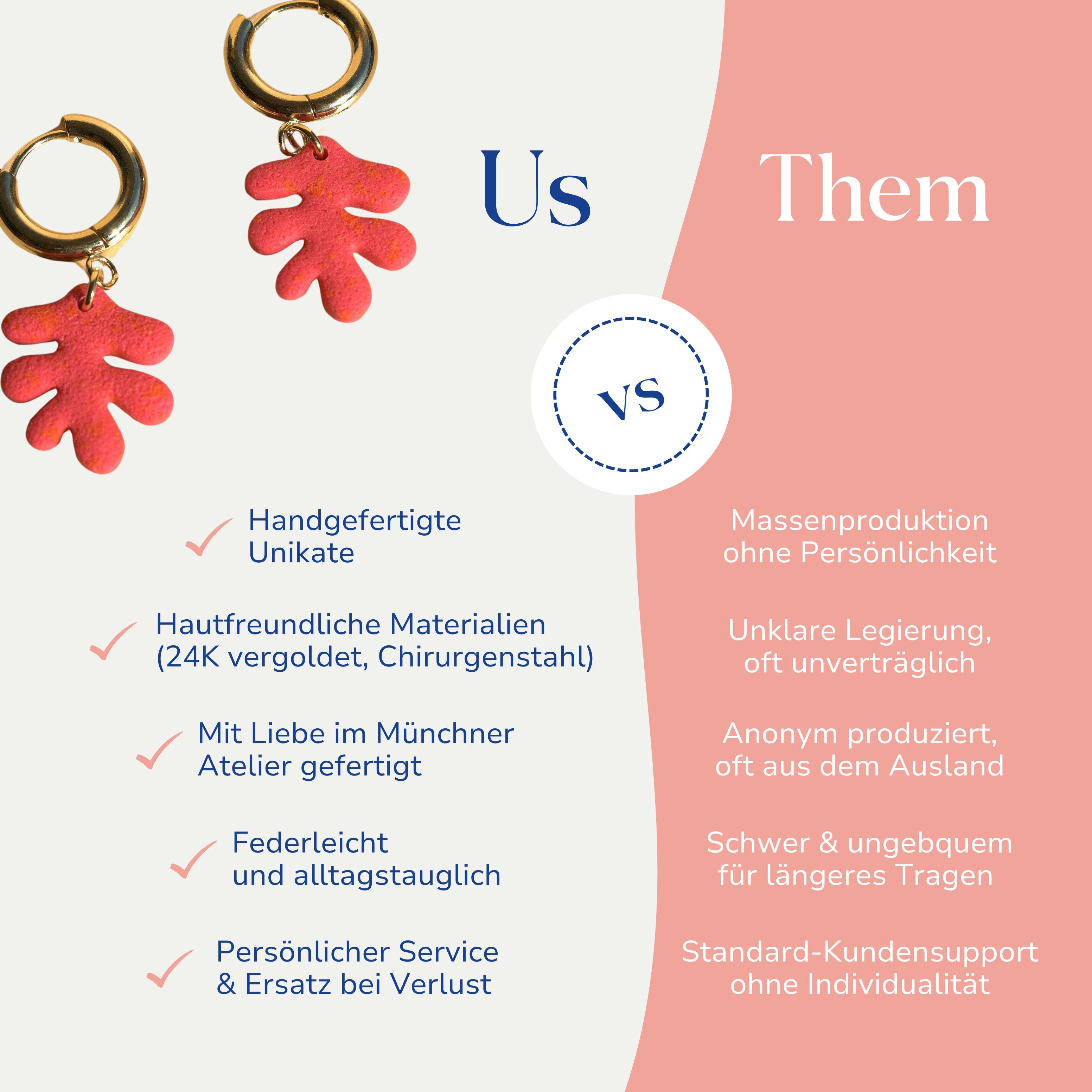 Vergleich zwischen Korallen Creolen 24k vergoldet von Santoclay und herkömmlichem Modeschmuck