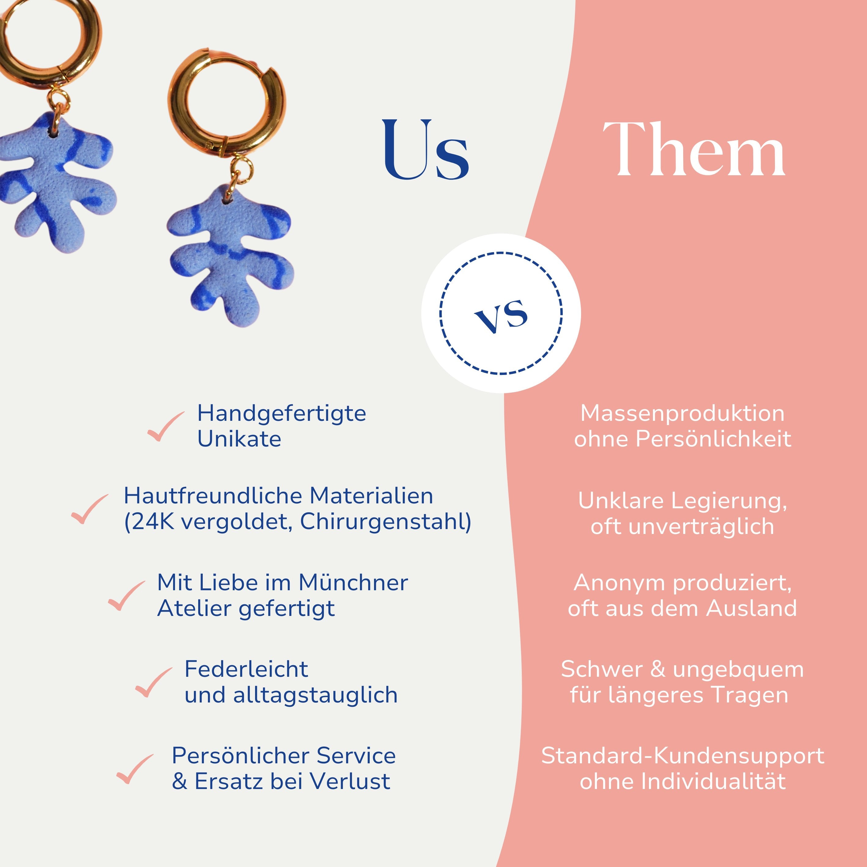 Vergleich zwischen Linda blauen Creolen 24k vergoldet von Santoclay und herkömmlichem Modeschmuck