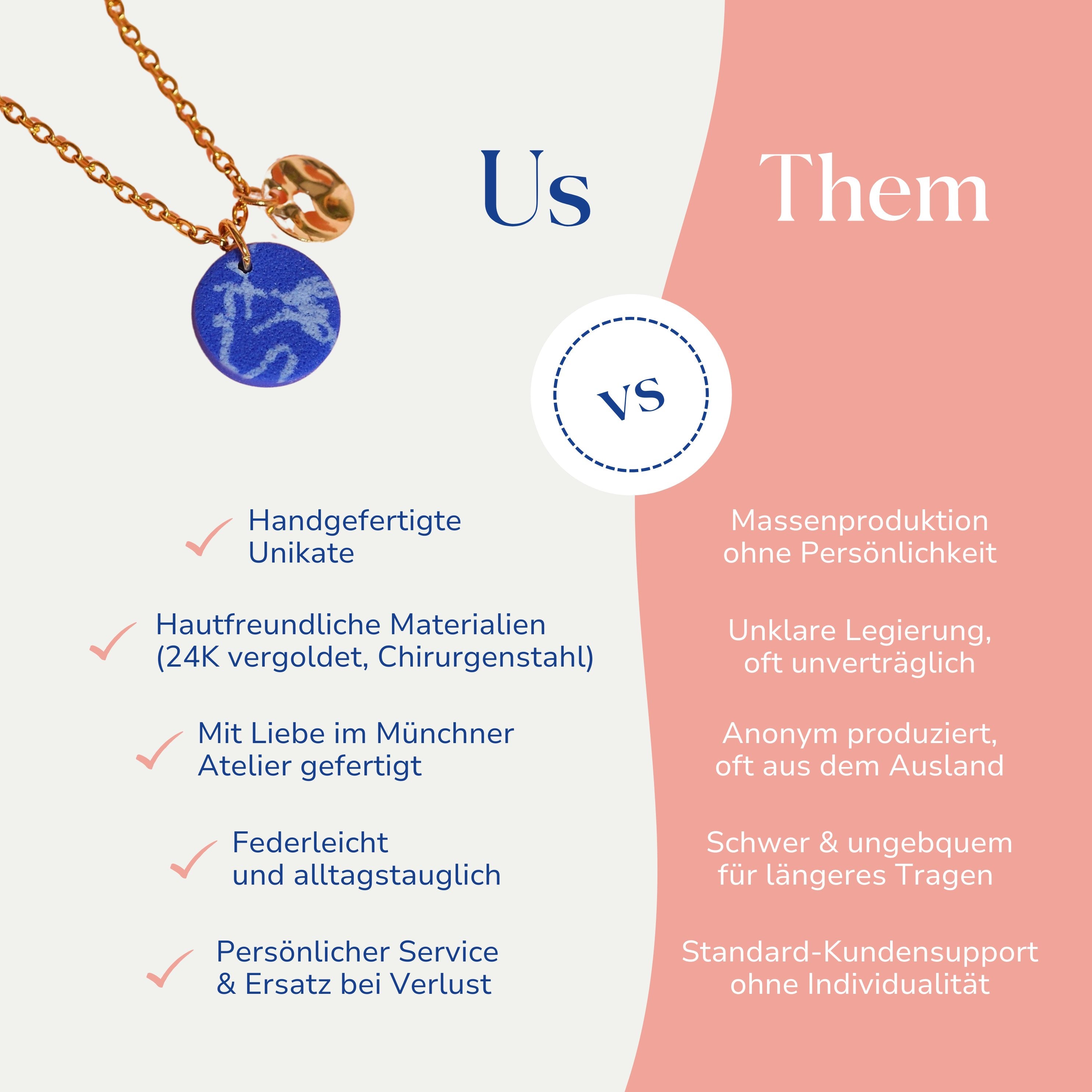 Vergleich zwischen der Linda Halskette blau 24k vergoldet von Santoclay und herkömmlichem Modeschmuck