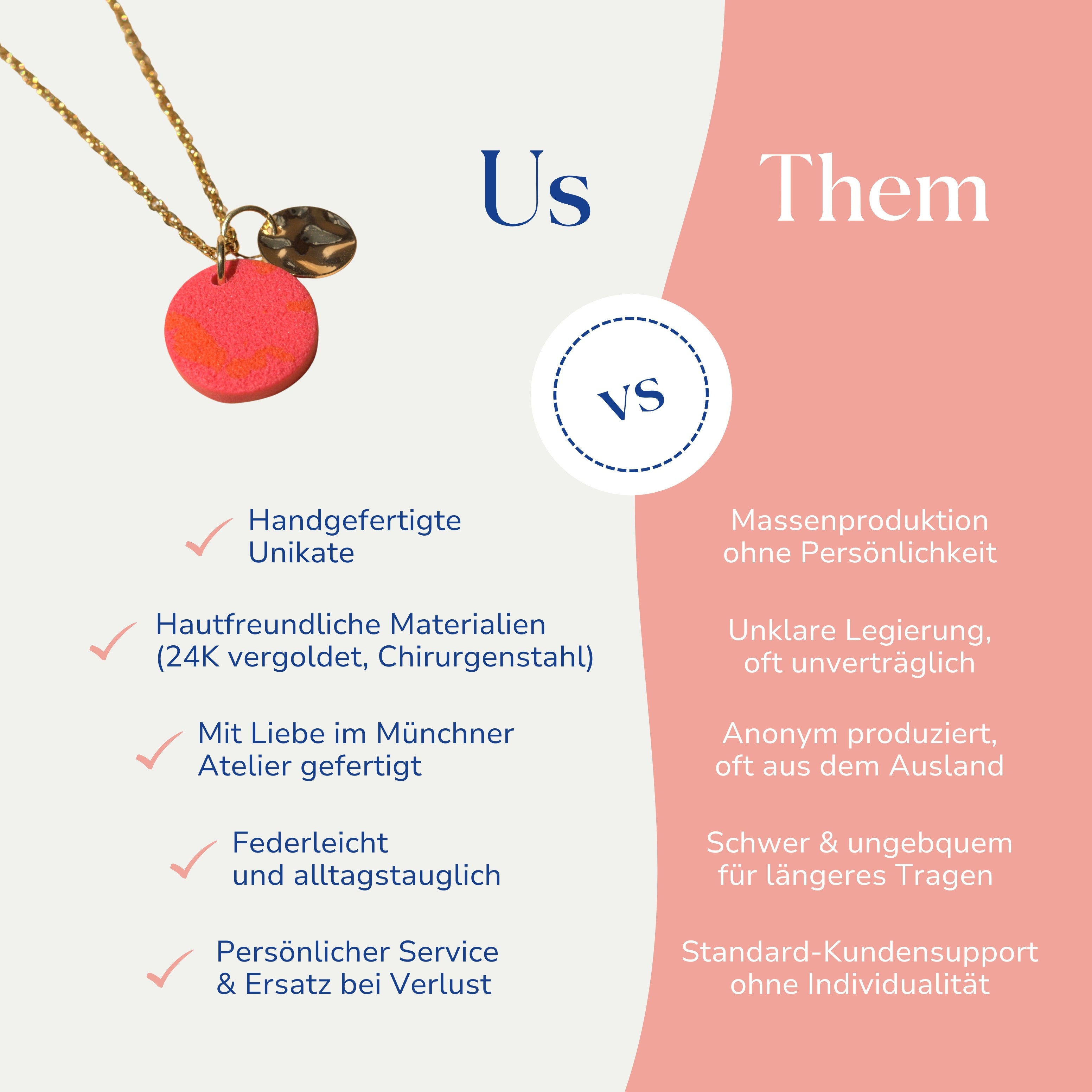 Vergleich zwischen der handgemachten Linda Halskette Pink & Orange von Santoclay und herkömmlichem Modeschmuck