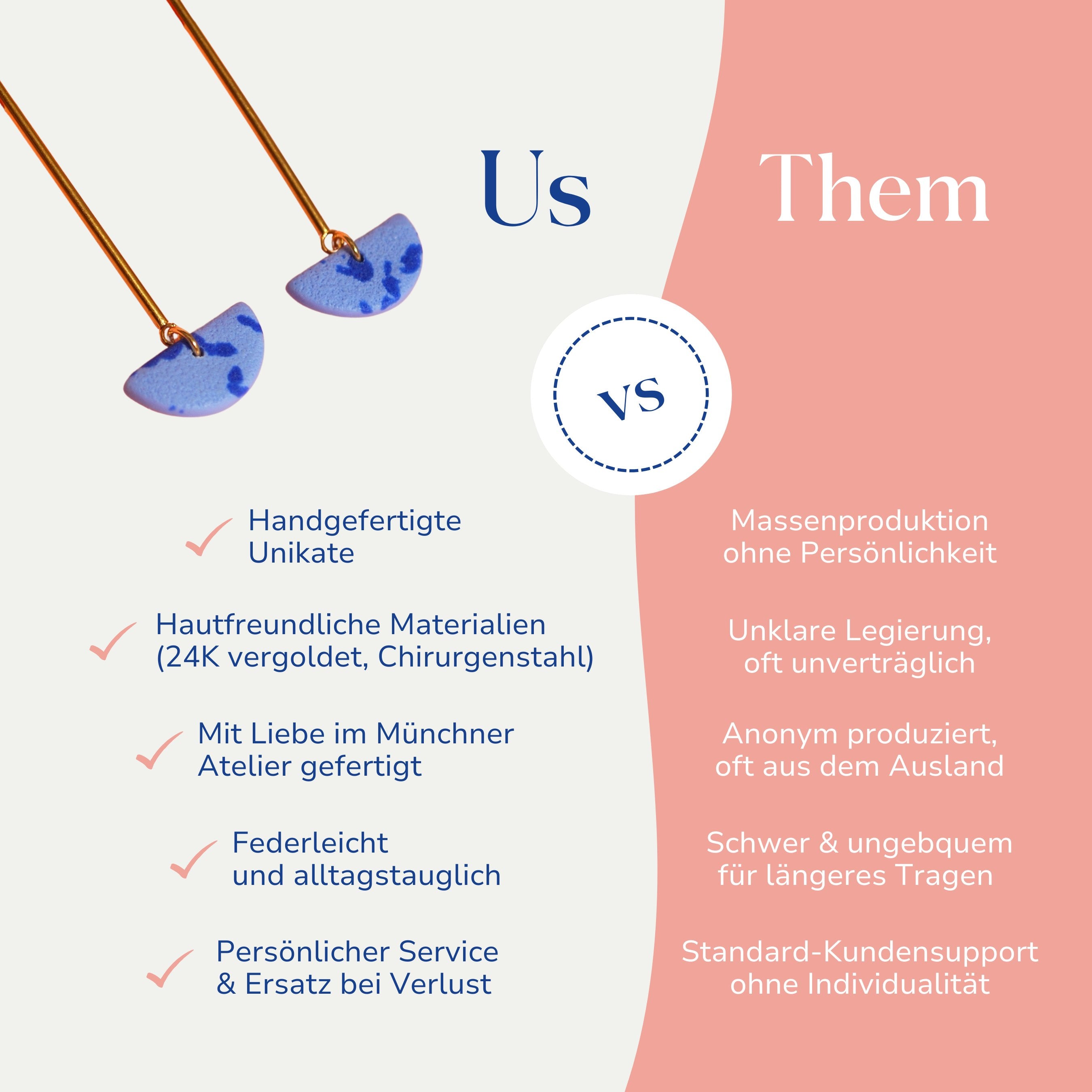 Vergleich zwischen Linda langen blauen Ohrringen 18k vergoldet von Santoclay und herkömmlichem Modeschmuck