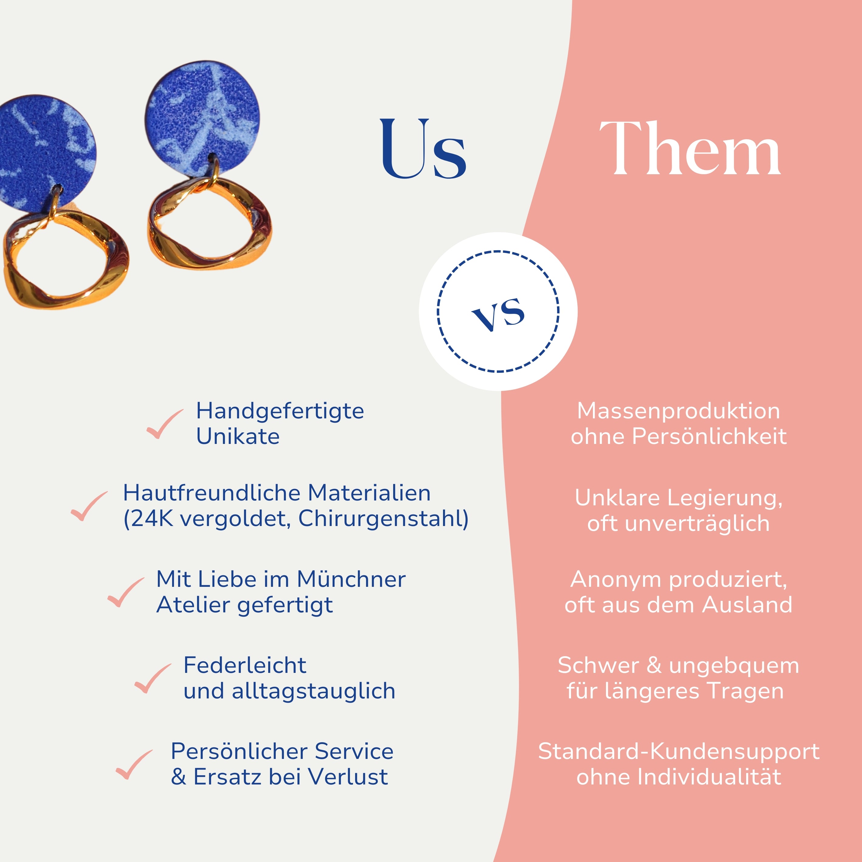 Vergleich zwischen Linda blauen Statement Ohrringen 24k vergoldet von Santoclay und herkömmlichem Modeschmuck