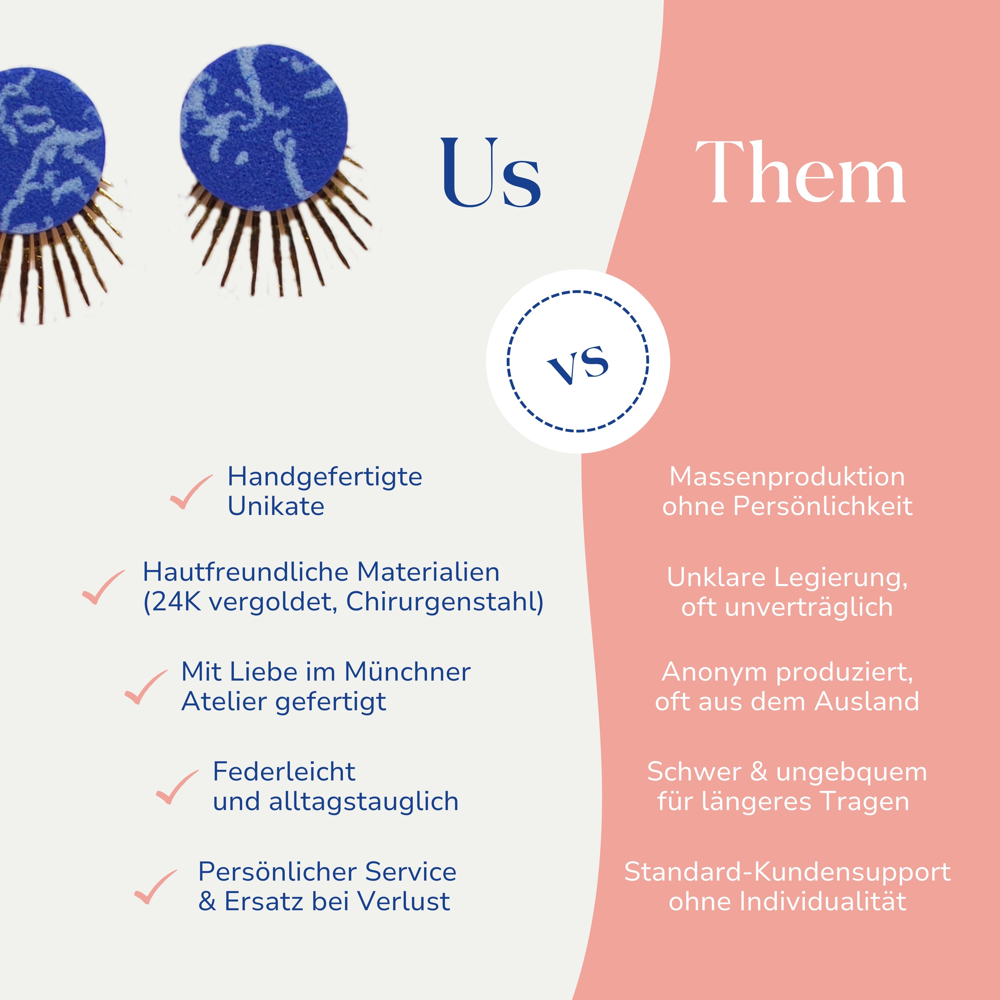Vergleich zwischen Linda Statement Ohrsteckern blau von Santoclay und herkömmlichem Modeschmuck
