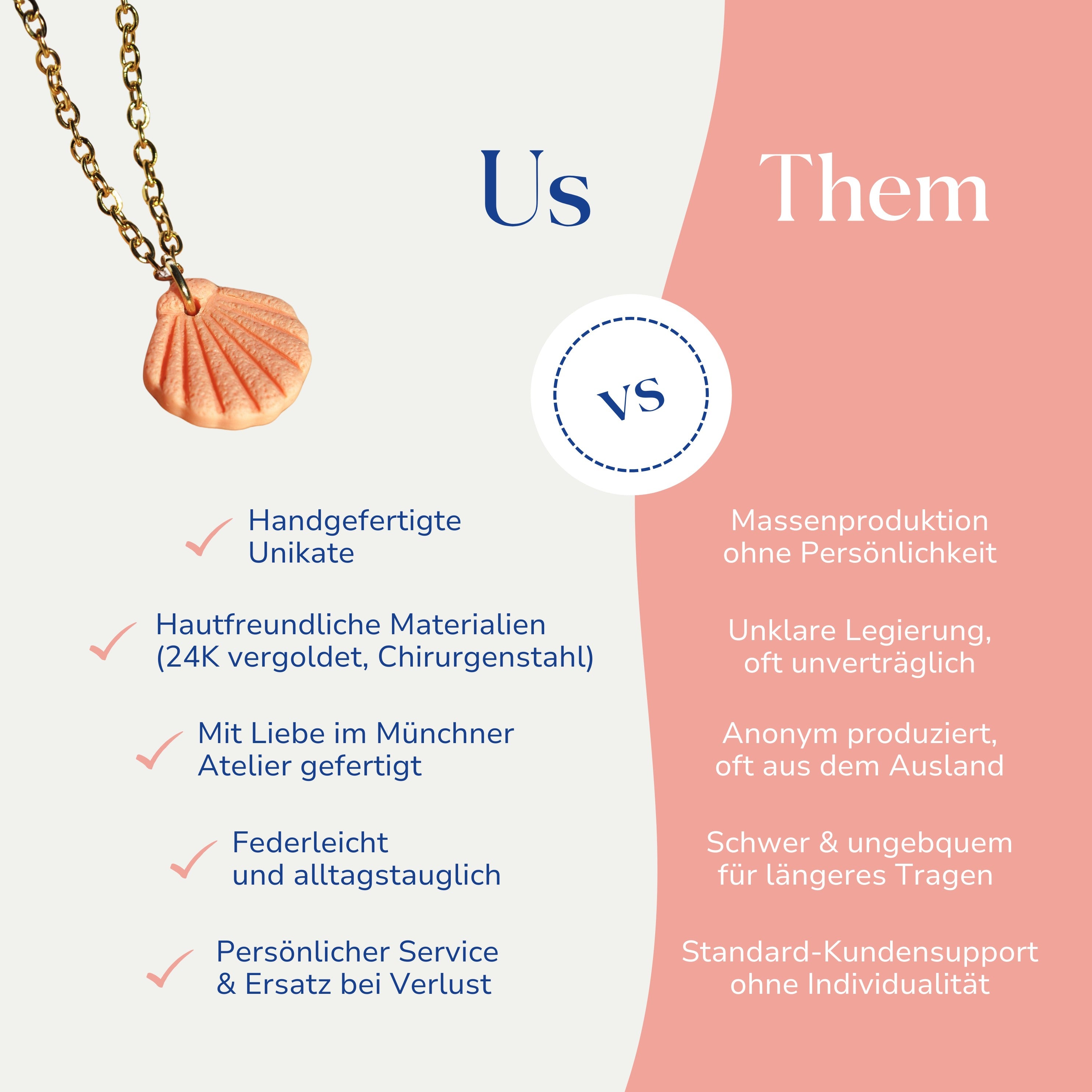 Vergleich zwischen der handgemachten Mare Halskette mit Muschel von Santoclay und herkömmlichem Modeschmuck