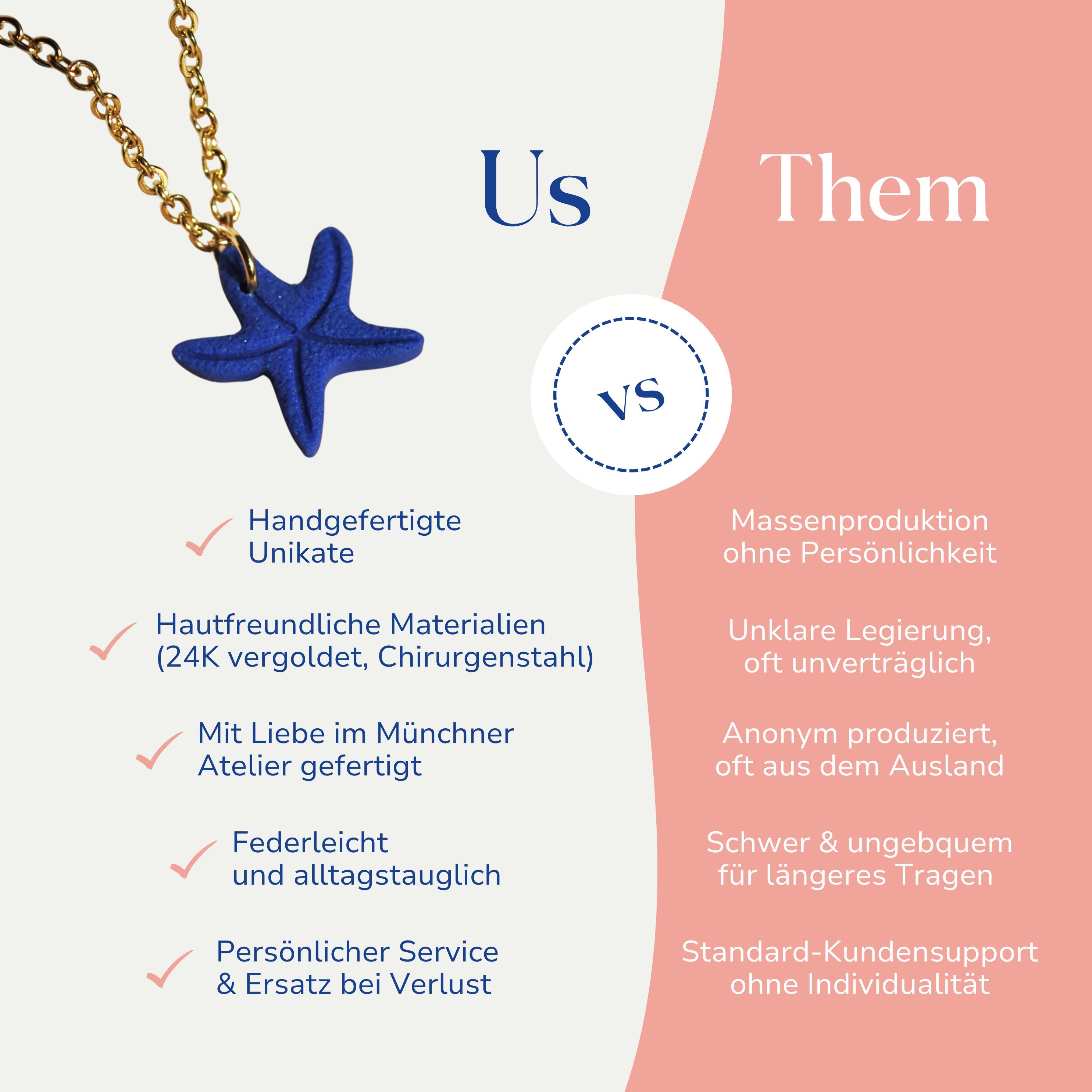 Vergleich zwischen der handgemachten Mare Halskette mit Seestern von Santoclay und herkömmlichem Modeschmuck