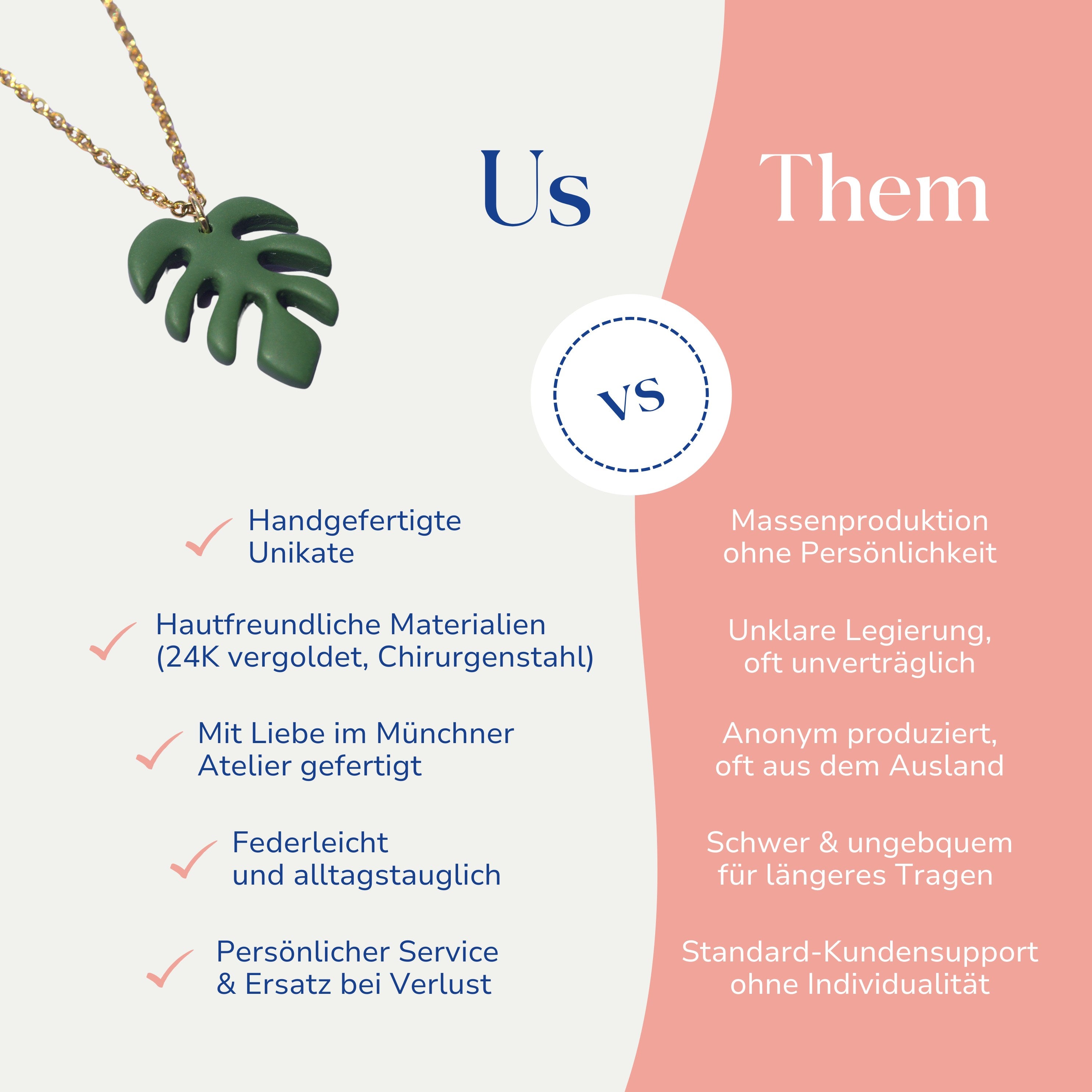Vergleich zwischen der handgemachten Monstera Halskette vergoldet aus Edelstahl von Santoclay und herkömmlichem Modeschmuck