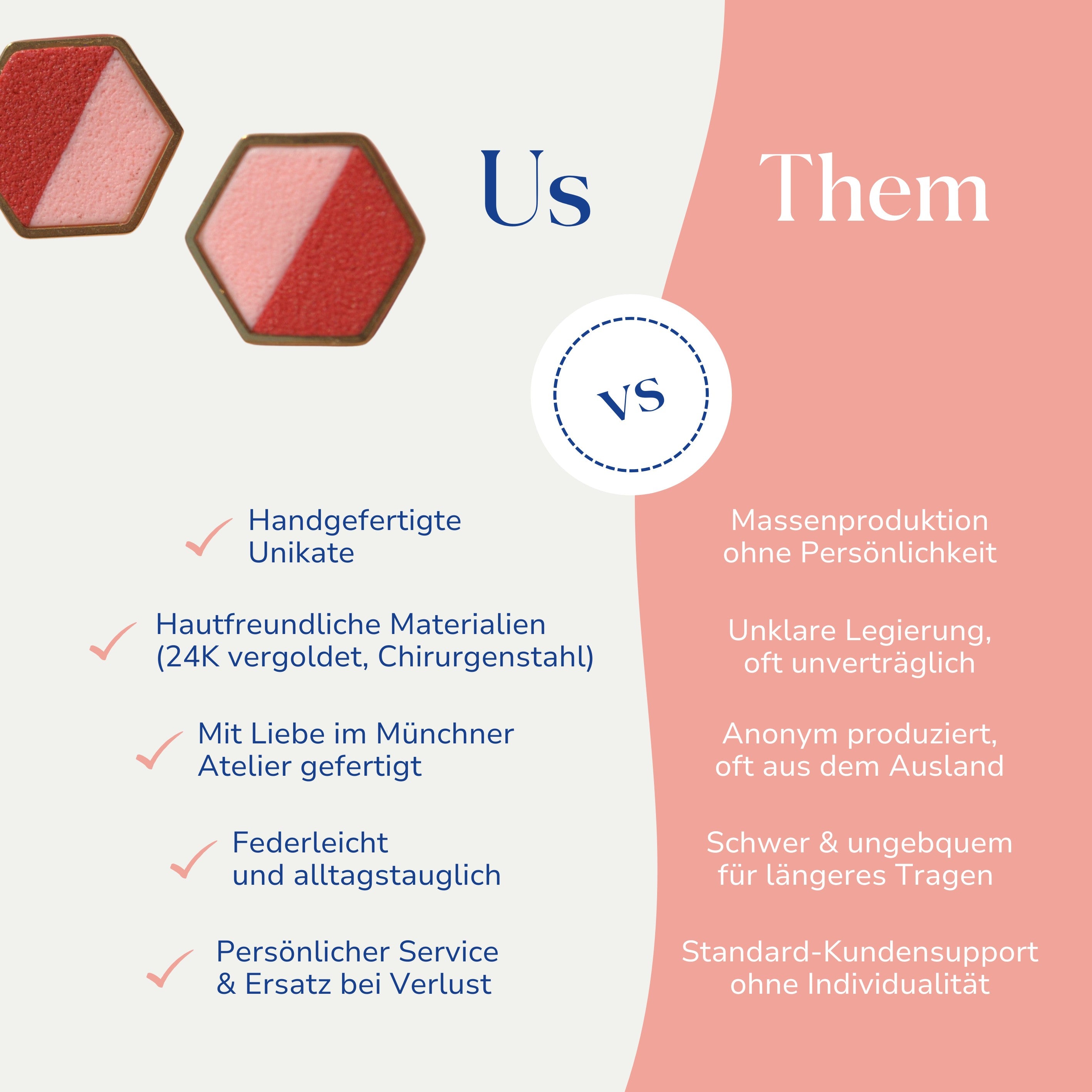 Vergleich zwischen Sechseck Ohrsteckern 24k vergoldet Mimi von Santoclay und herkömmlichem Modeschmuck