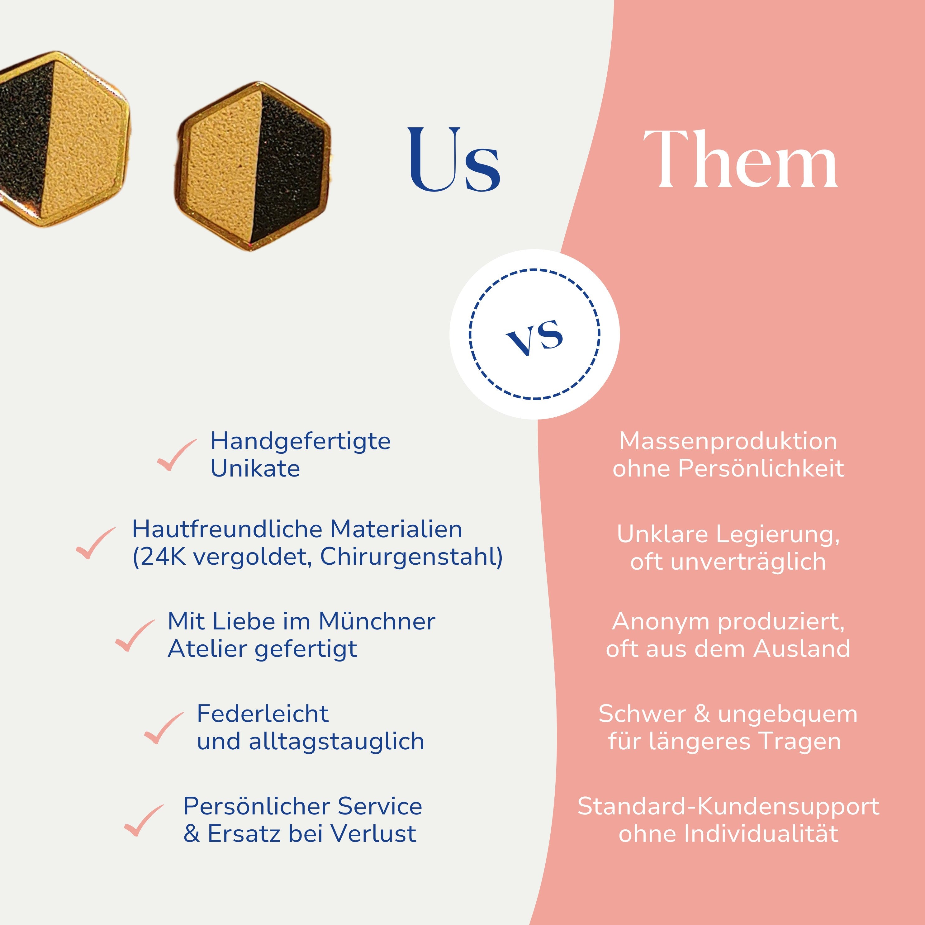 Vergleich zwischen sechseckigen Ohrsteckern 24k vergoldet von Santoclay und herkömmlichem Modeschmuck