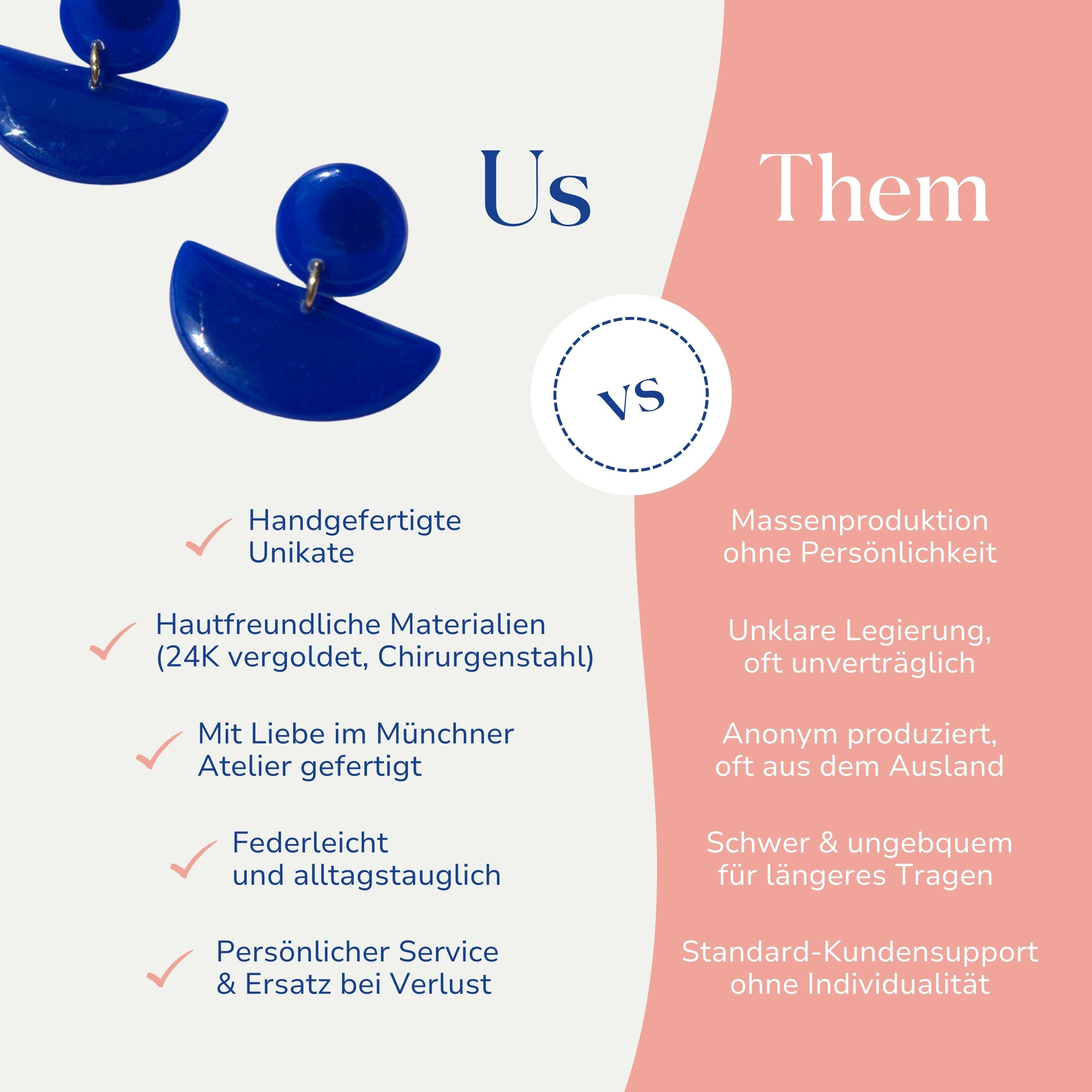 Vergleich zwischen Retro Ohrringen blau 24k vergoldet Cindy von Santoclay und herkömmlichem Modeschmuck