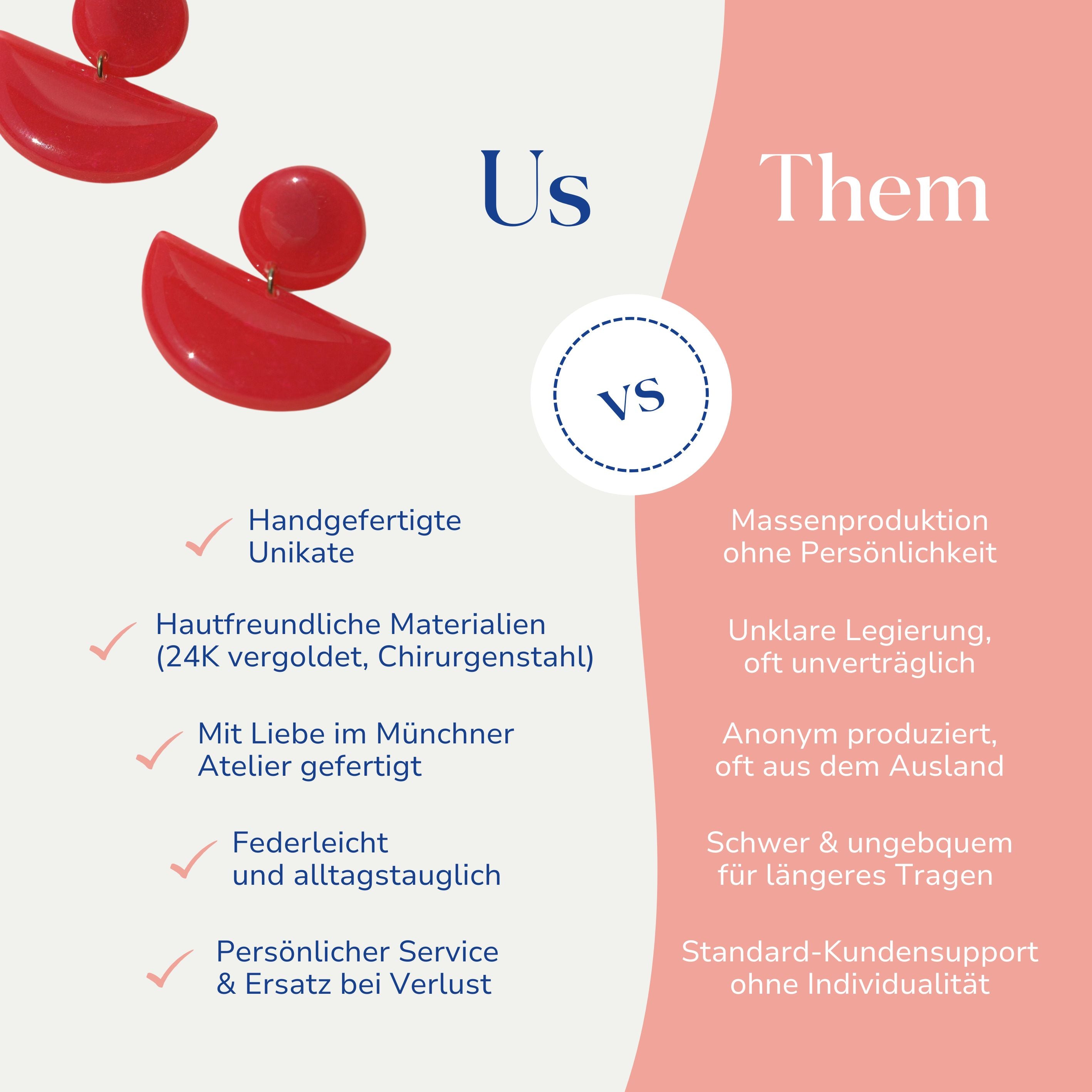 Vergleich zwischen Retro Ohrringen rot 24k vergoldet Cindy von Santoclay und herkömmlichem Modeschmuck