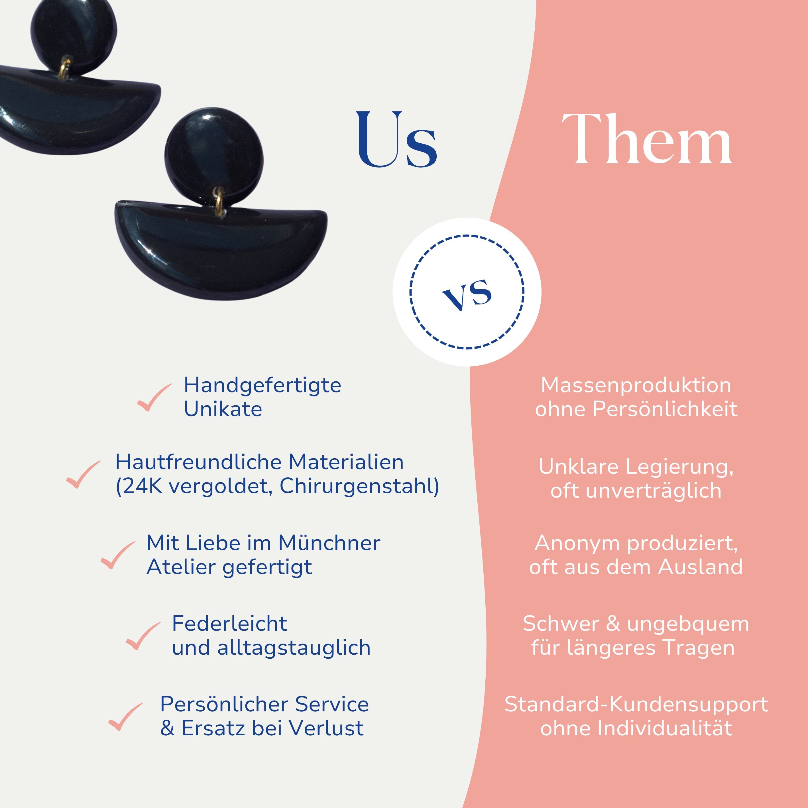 Vergleich zwischen Retro Ohrringen schwarz 24k vergoldet Cindy von Santoclay und herkömmlichem Modeschmuck