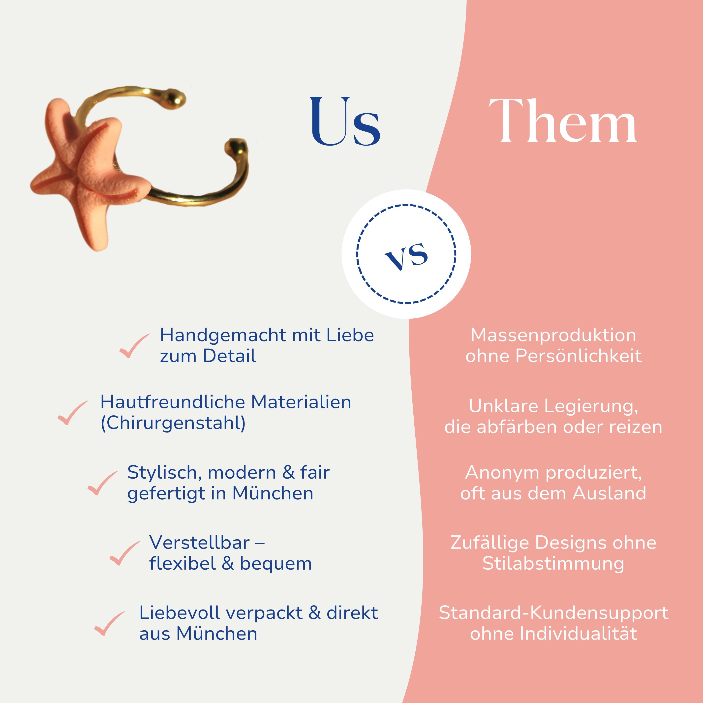 Vergleich zwischen dem handgemachten Seestern-Ring aus Edelstahl von Santoclay und herkömmlichem Modeschmuck