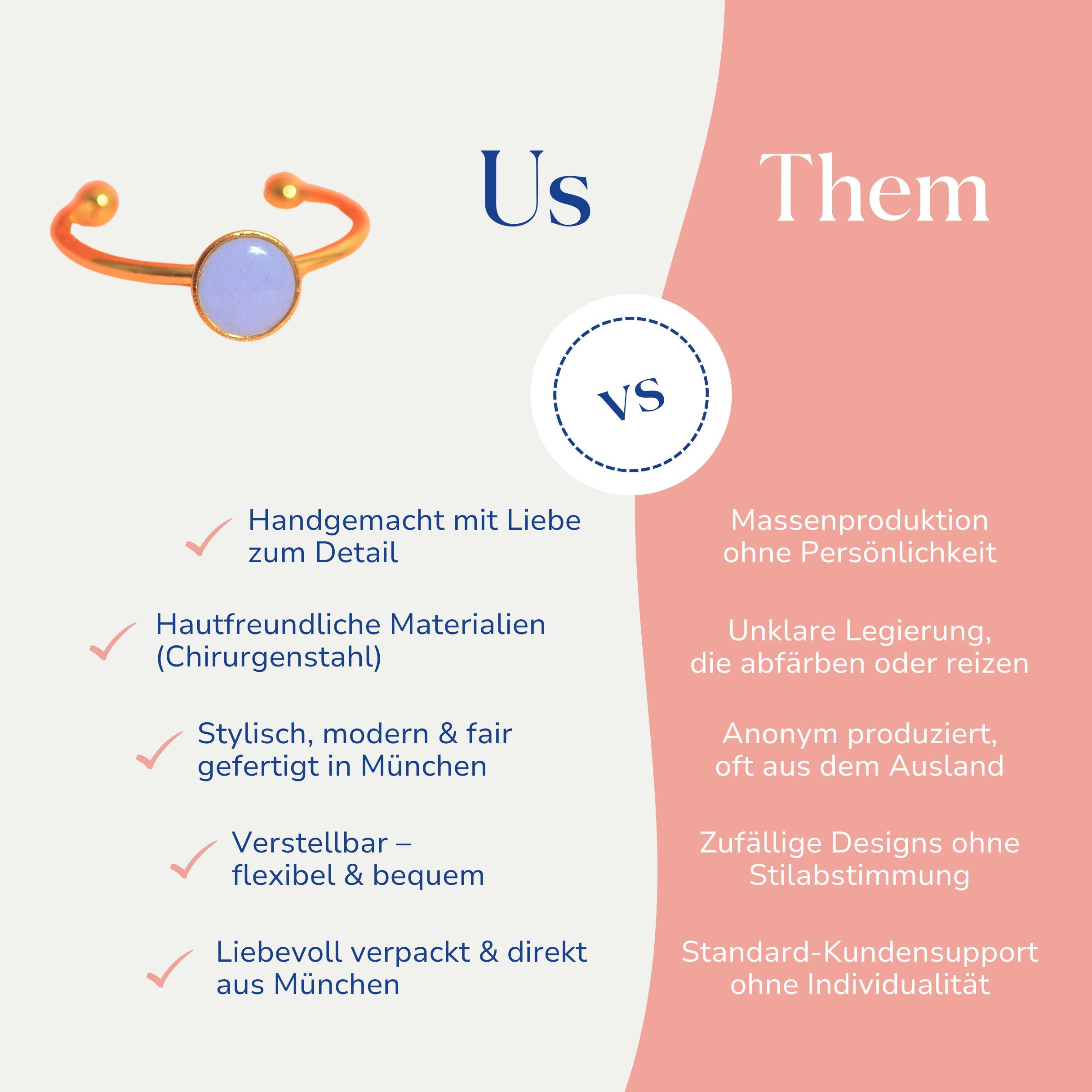 Vergleich zwischen dem handgemachten verstellbaren Ring Lavendel & Orange von Santoclay und herkömmlichem Modeschmuck