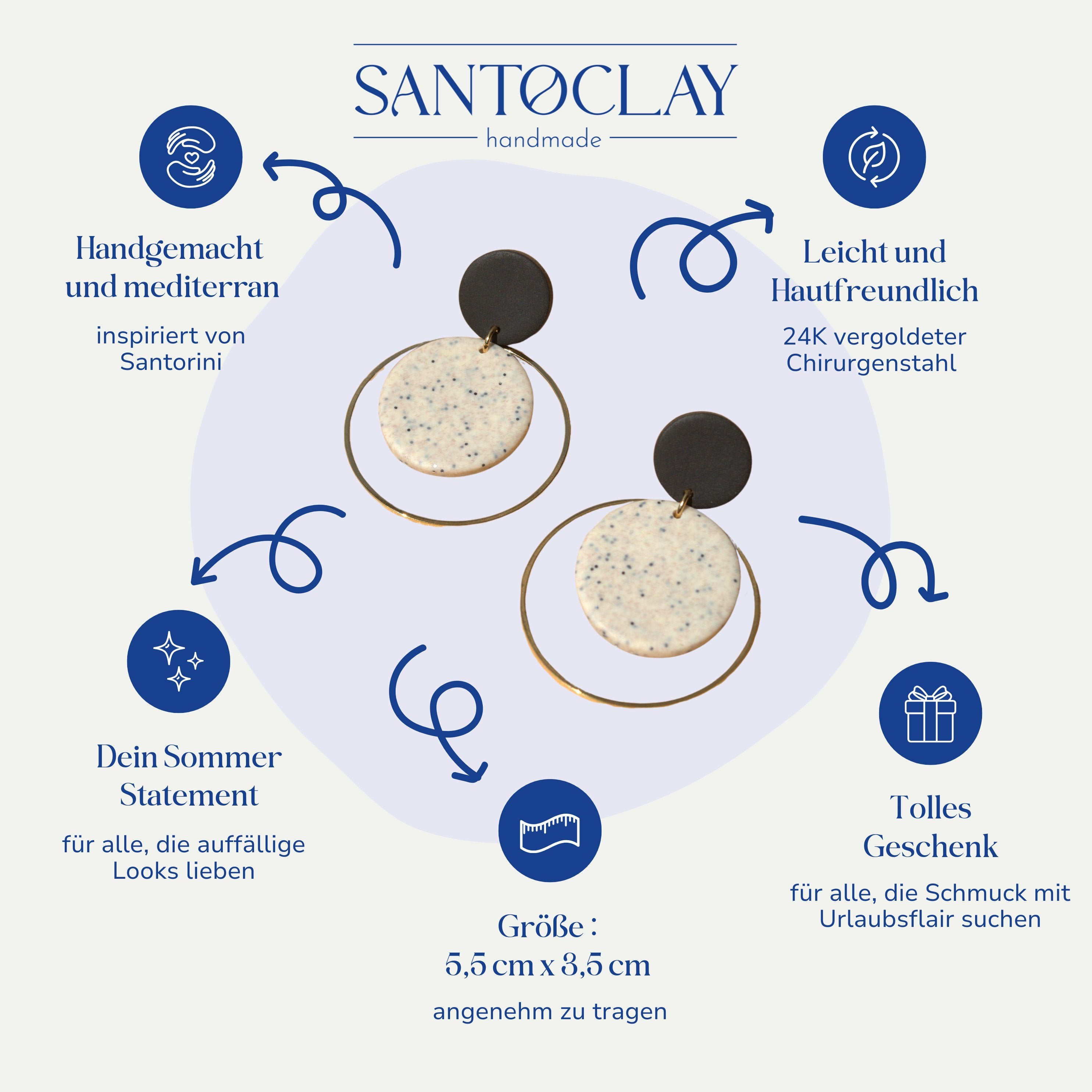 Boho Statement Ohrringe in Gold von Santoclay – handgefertigt, federleicht und perfekt für deinen Sommerlook, inspiriert von Santorini.
