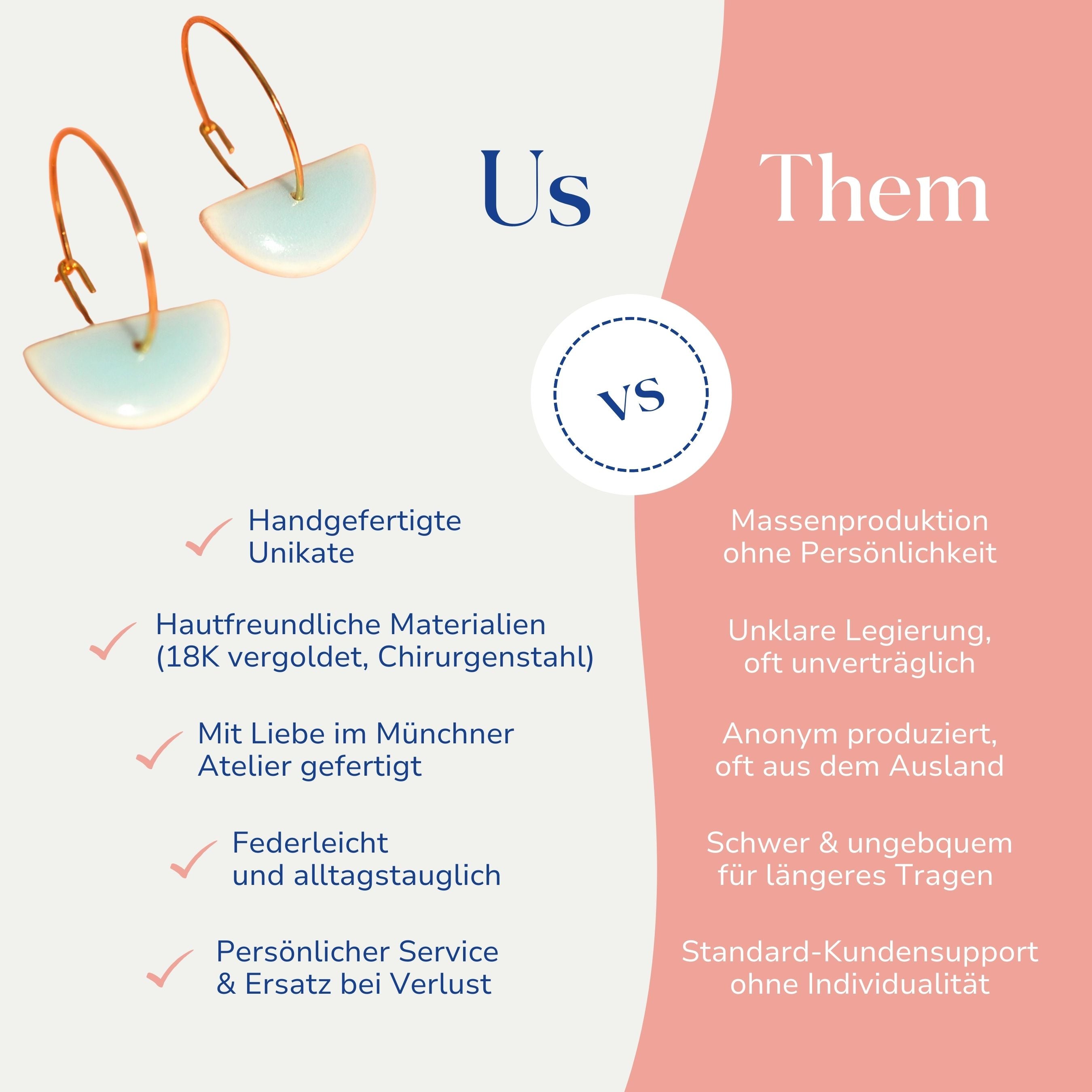 Vergleich zwischen den handgemachten Statement Creolen Hellblau & Gelb vergoldet von Santoclay und herkömmlichem Modeschmuck