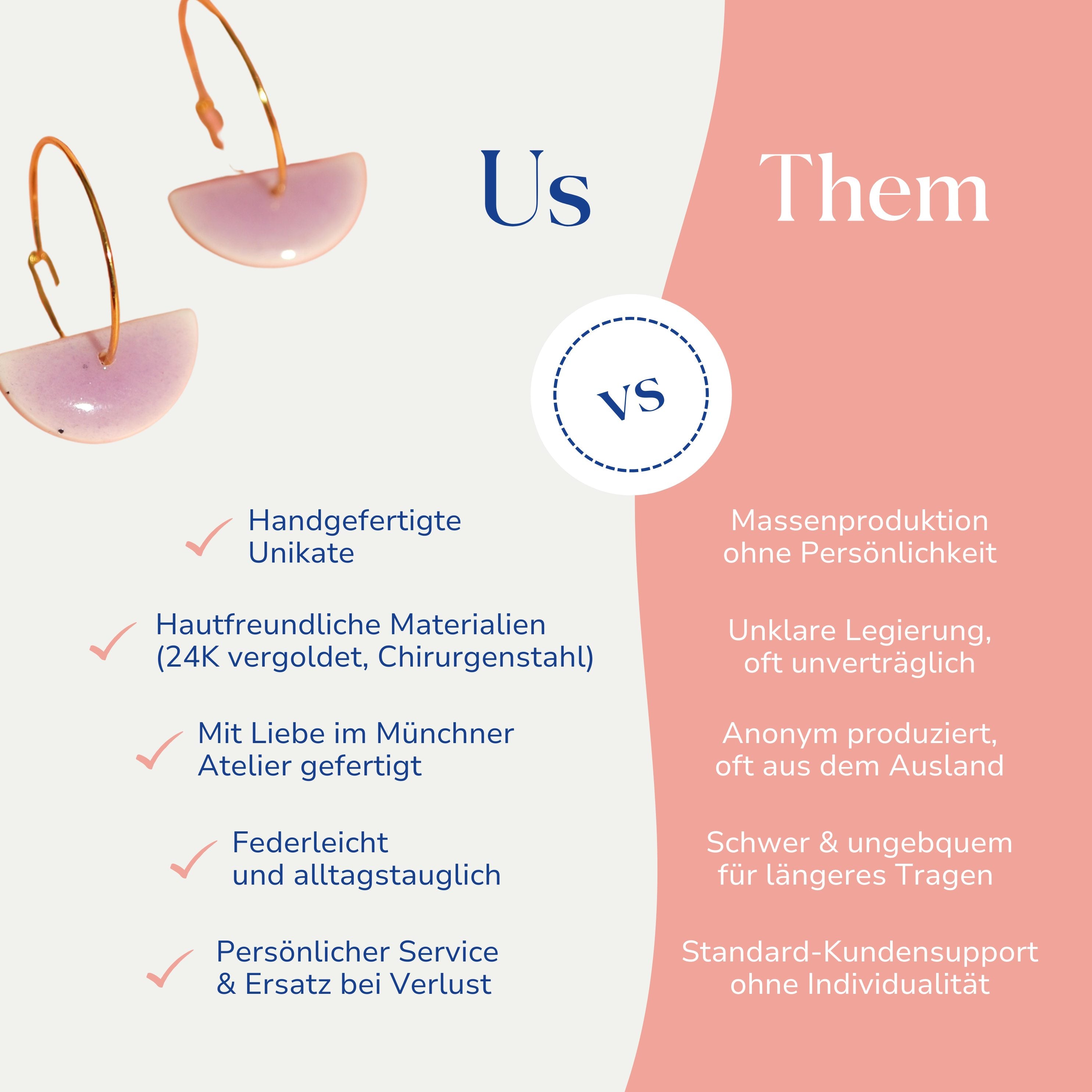 Vergleich zwischen Statement Creolen rosa und lila vergoldet von Santoclay und herkömmlichem Modeschmuck
