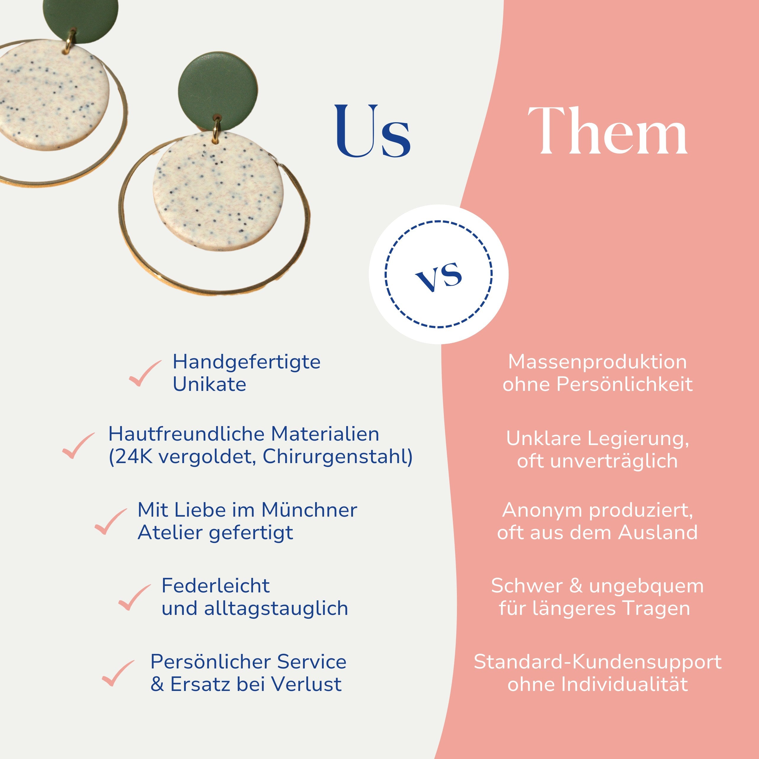 Vergleich zwischen Statement Ohrringen grün-gold Santorini von Santoclay und herkömmlichem Modeschmuck