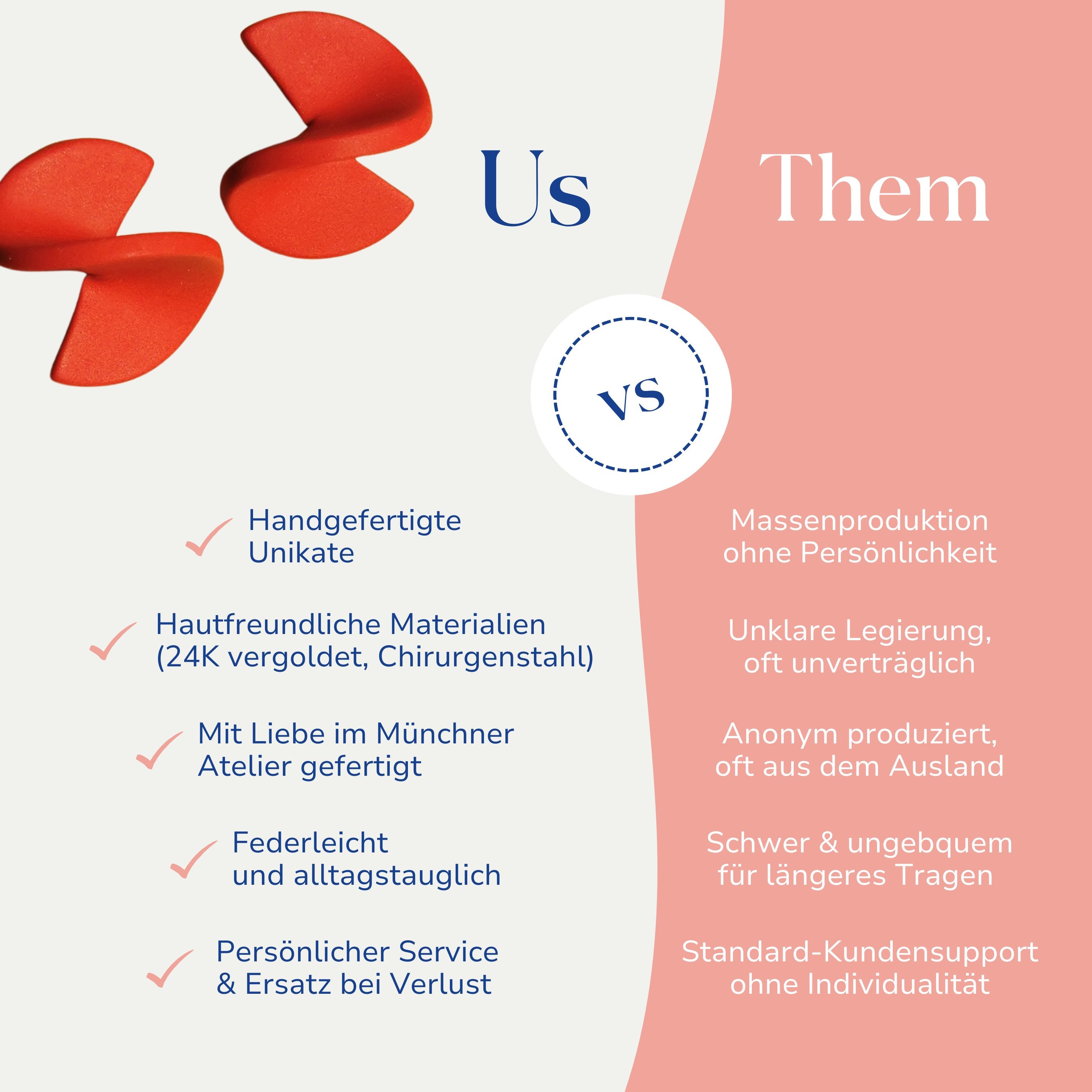 Vergleich zwischen Statement Ohrsteckern rot-gelb gedreht von Santoclay und herkömmlichem Modeschmuck