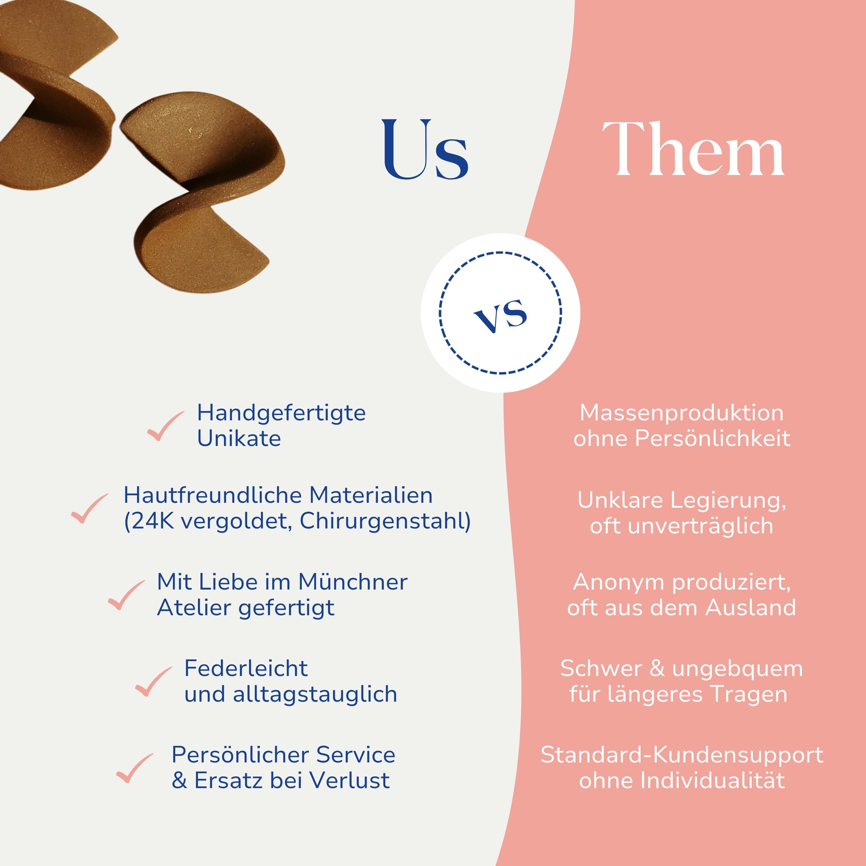 Vergleich zwischen Statement Ohrsteckern braun-schwarz gedreht von Santoclay und herkömmlichem Modeschmuck