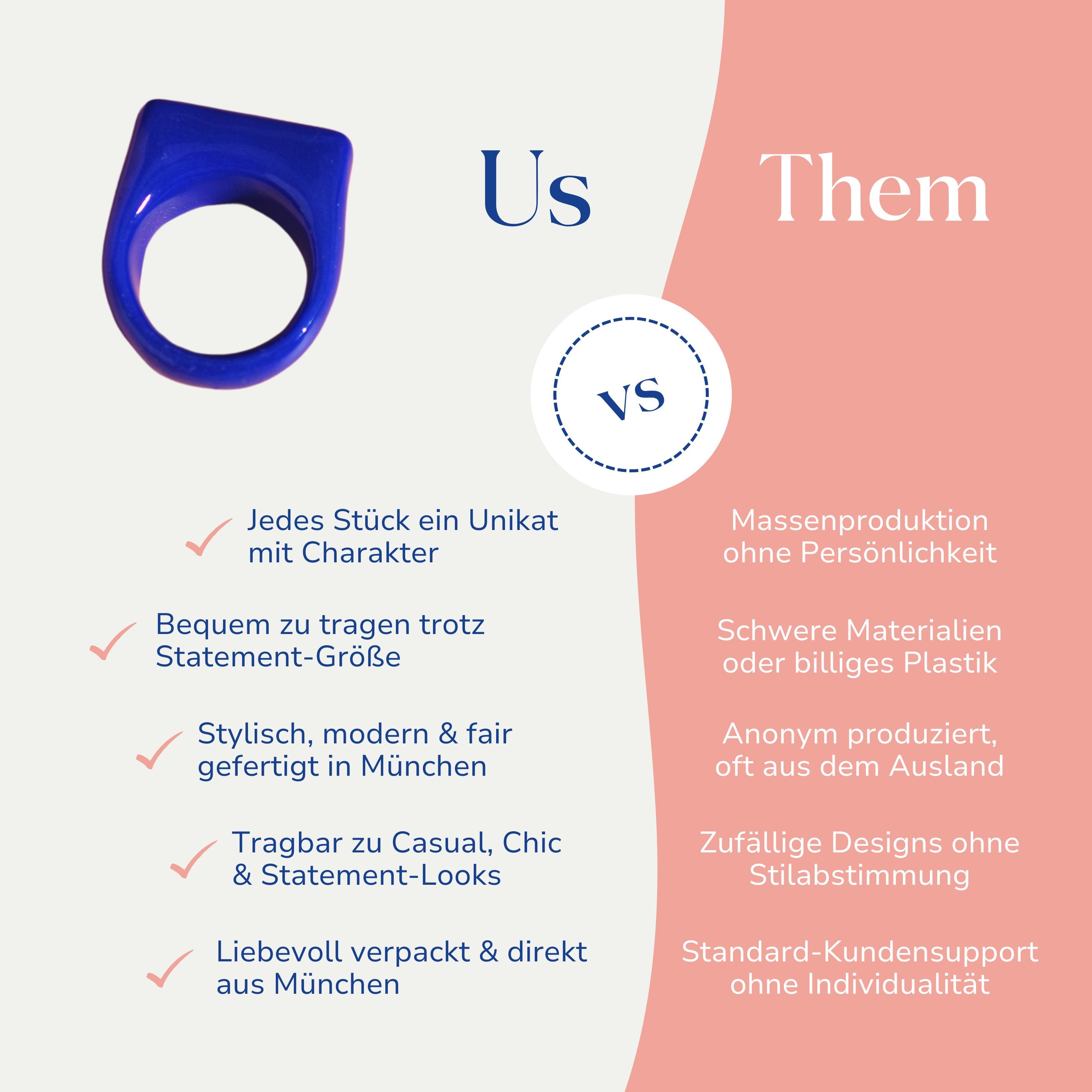 Vergleich zwischen dem handgemachten blauen Statement Ring von Santoclay und herkömmlichem Modeschmuck