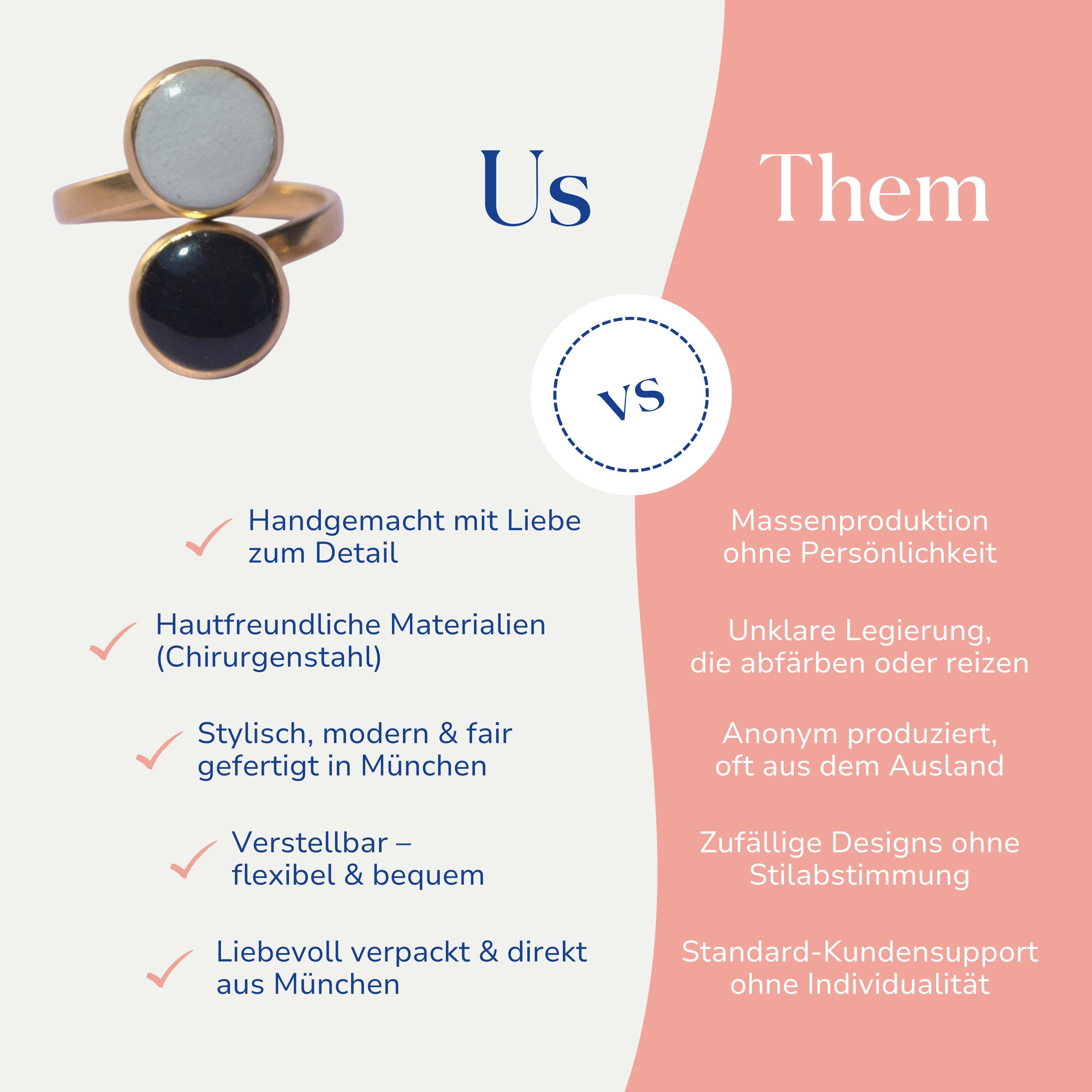 Vergleich zwischen dem handgemachten Statement Ring Grau mit Marmor-Optik von Santoclay und herkömmlichem Modeschmuck