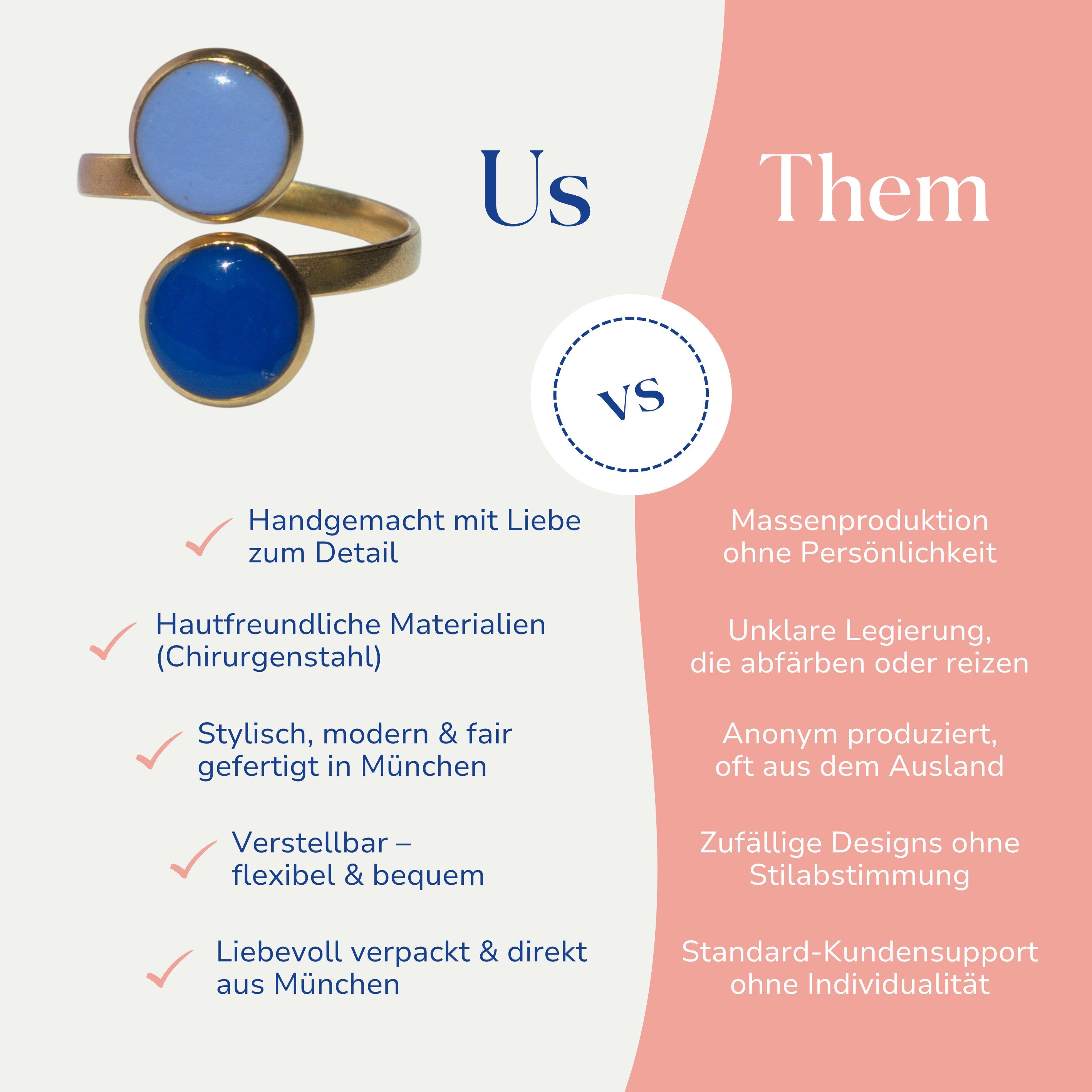 Vergleich zwischen dem handgemachten Statement Ring Kreis Blau & Rot von Santoclay und herkömmlichem Modeschmuck
