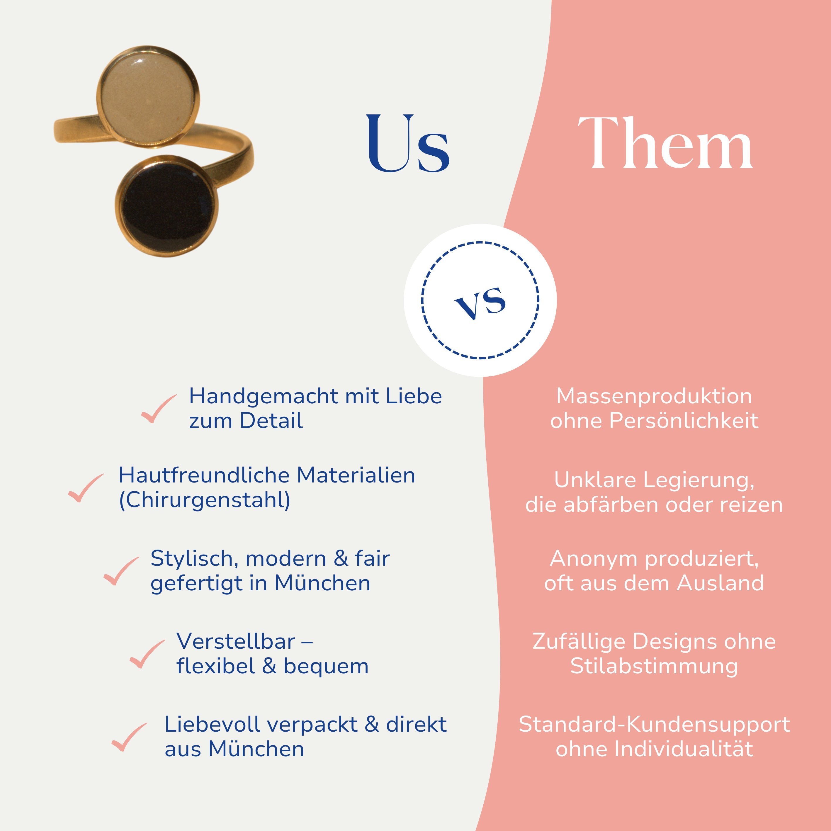 Vergleich zwischen dem handgemachten Statement Ring Kreis Karamell & Mint von Santoclay und herkömmlichem Modeschmuck
