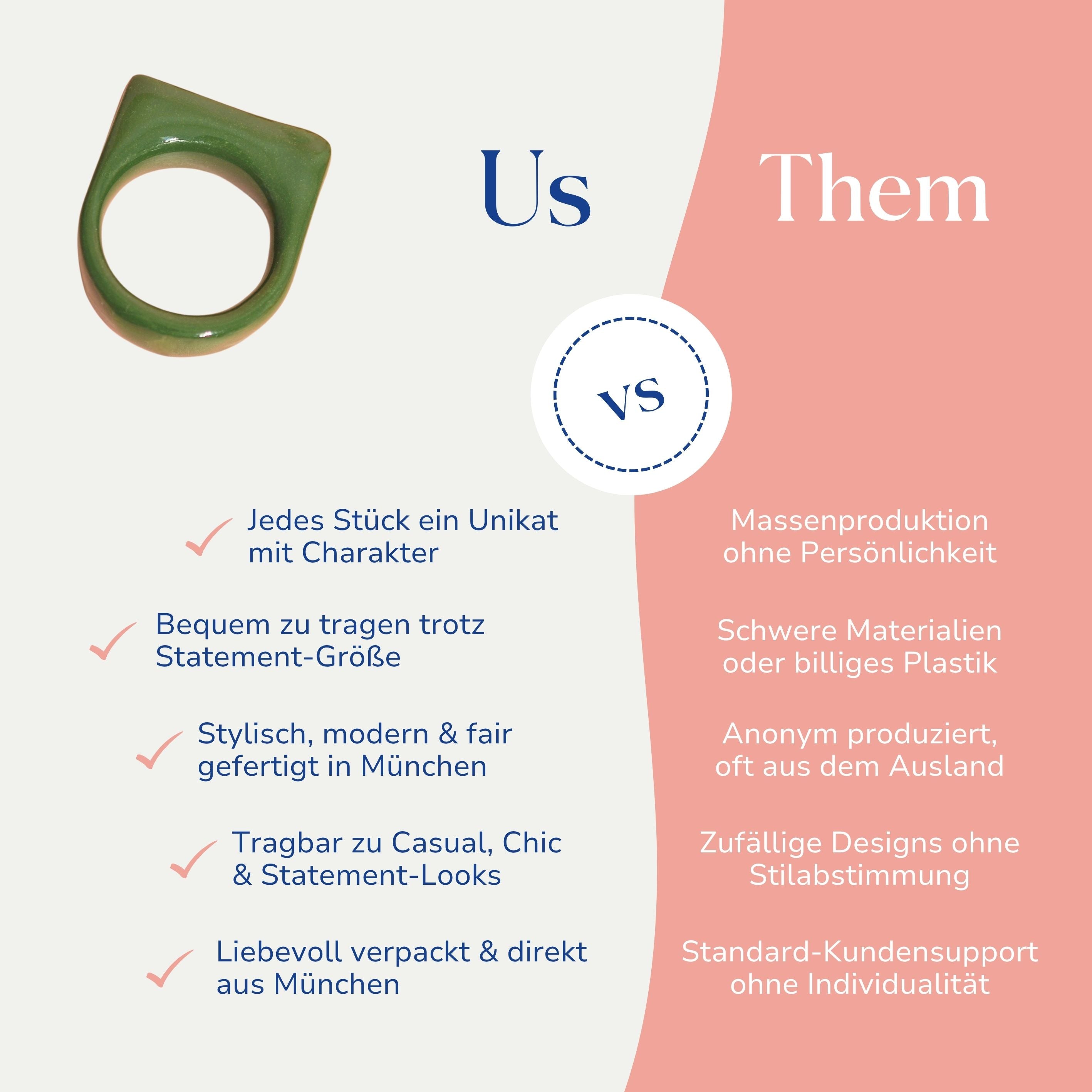 Vergleich zwischen dem handgemachten Statement Ring in Olivgrün von Santoclay und herkömmlichem Modeschmuck