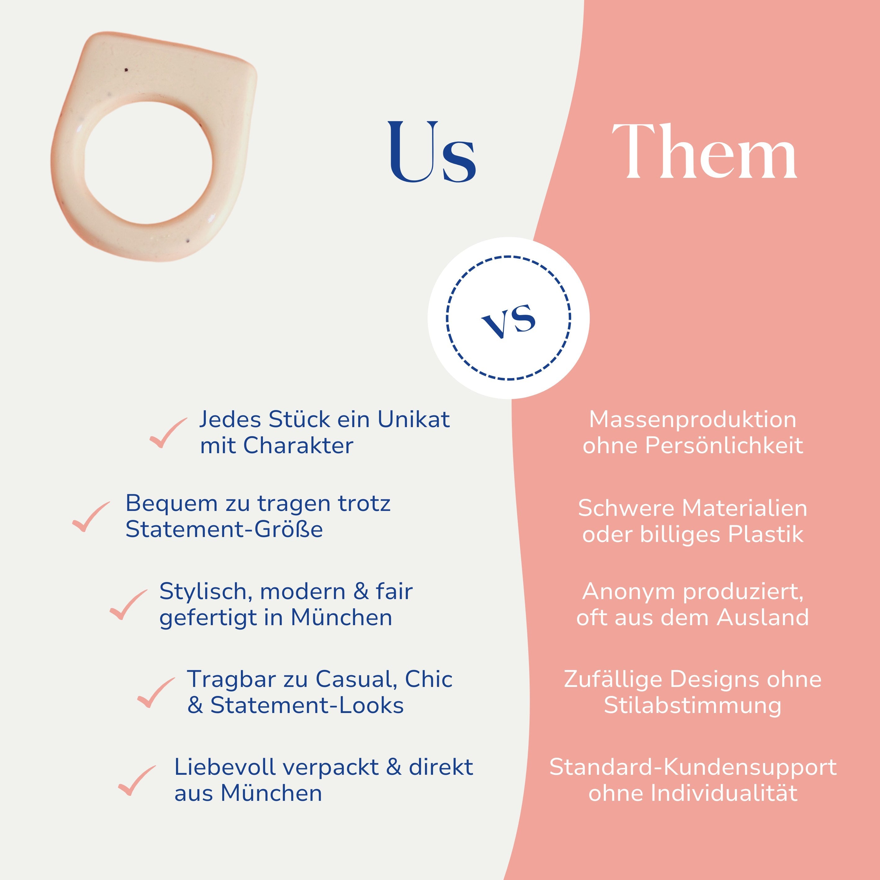 Vergleich zwischen dem weißen handgemachten Statement Ring im Keramiklook von Santoclay und herkömmlichem Modeschmuck