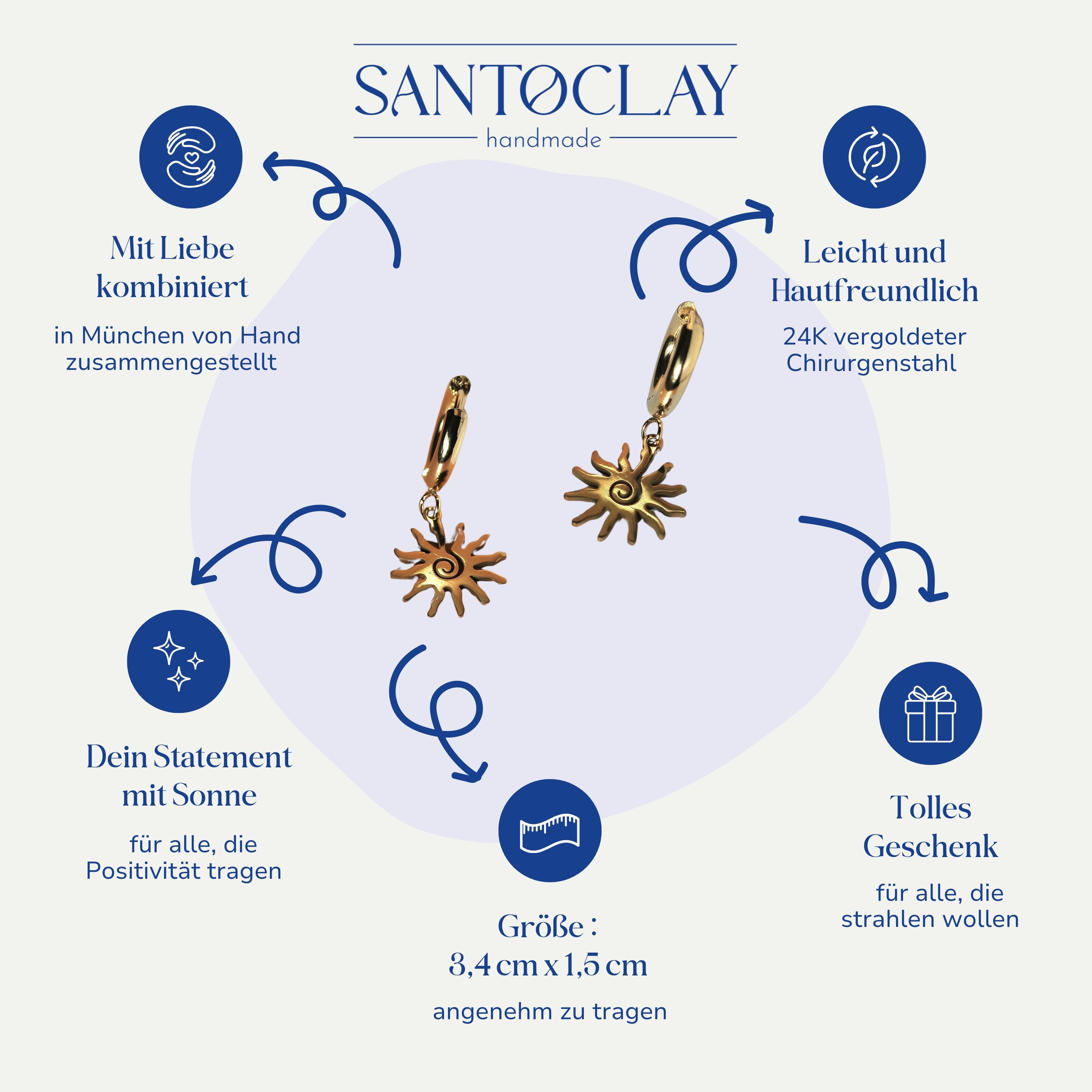 Vorteile der goldenen Creolen mit Sonnenanhänger von Santoclay im Überblick