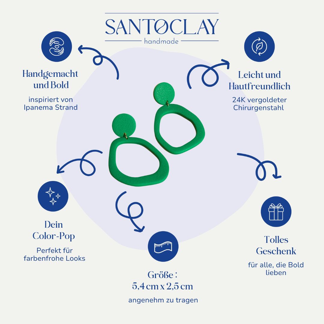 Vorteile der Ipanema Statement Ohrringe in Grün von Santoclay – handgemacht, leicht, hautfreundlich, frischer Farbakzent.