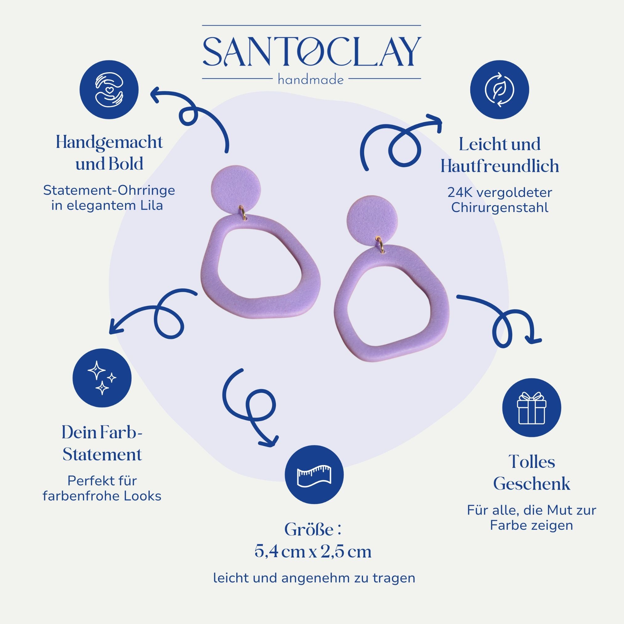 Vorteile der Ipanema Statement Ohrringe in Lila von Santoclay – handgemacht, leicht, hautfreundlich, farbstark & elegant.