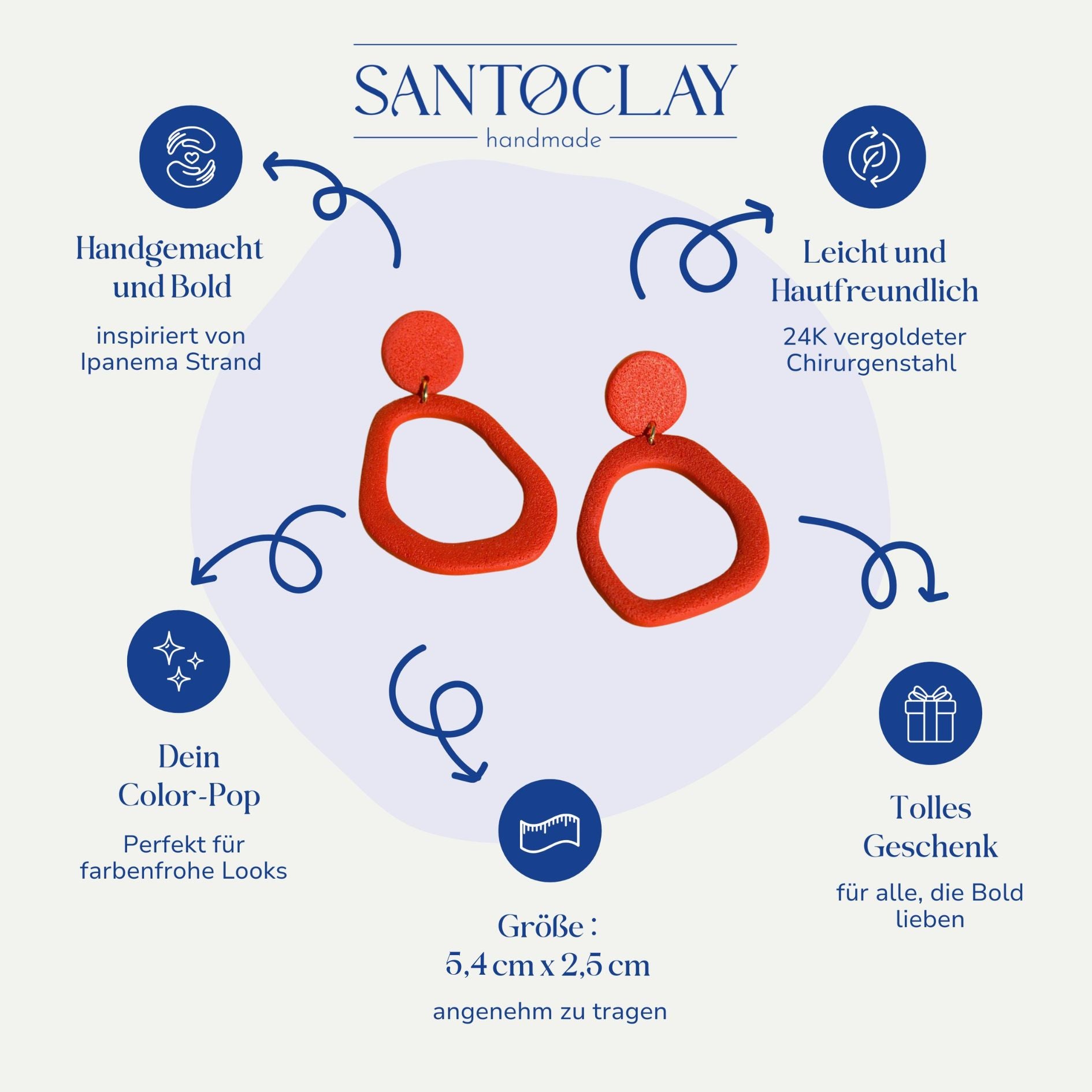 Vorteile der Ipanema Statement Ohrringe in Rot von Santoclay – handgemacht, leicht, hautfreundlich, perfekter Farbakzent.
