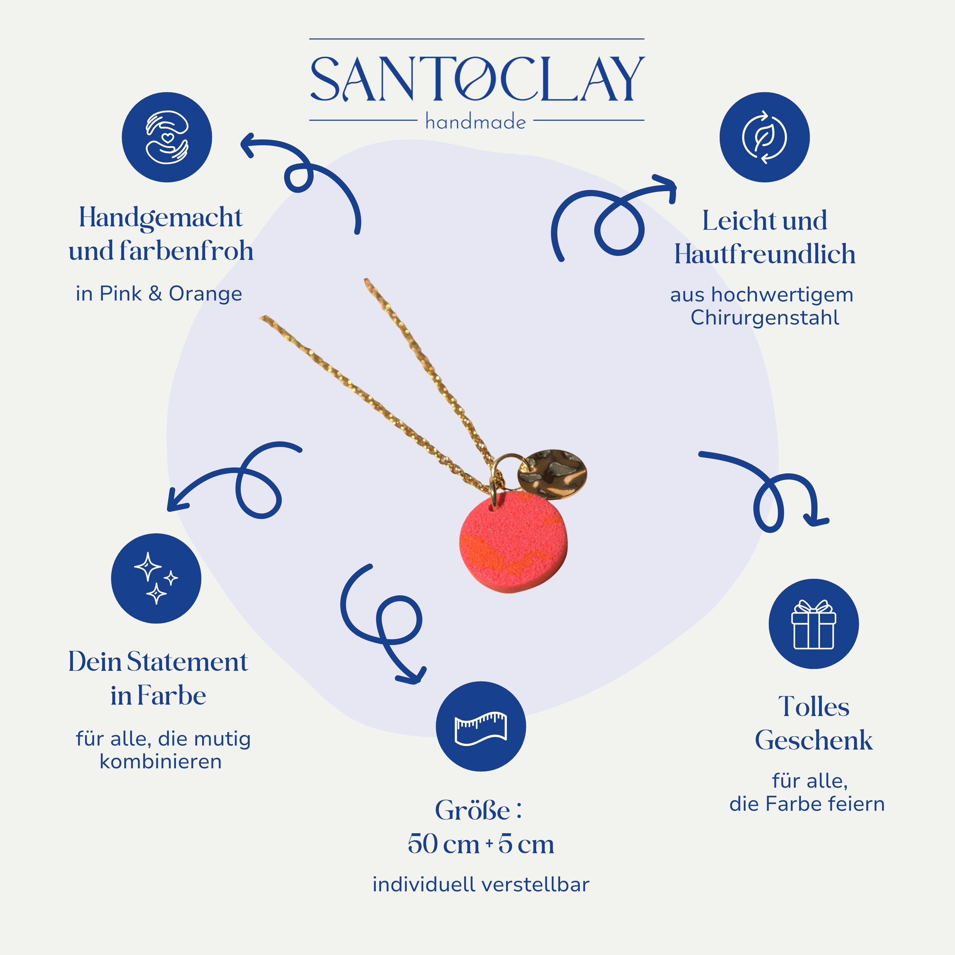 Vorteile der handgemachten Linda Halskette in Pink und Orange von Santoclay im Überblick