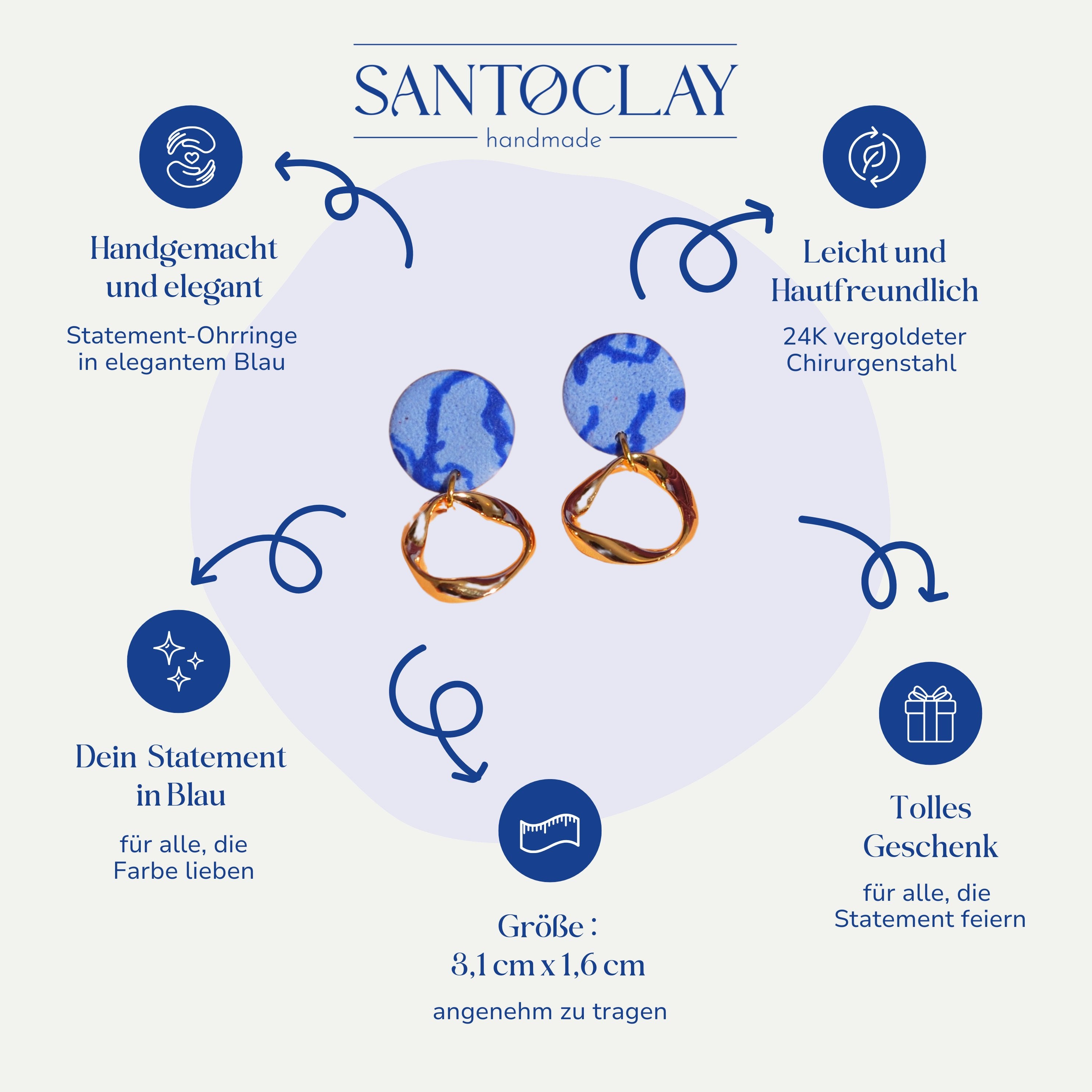 Vorteile der Linda blauen Statement Ohrringe 24k vergoldet von Santoclay im Überblick