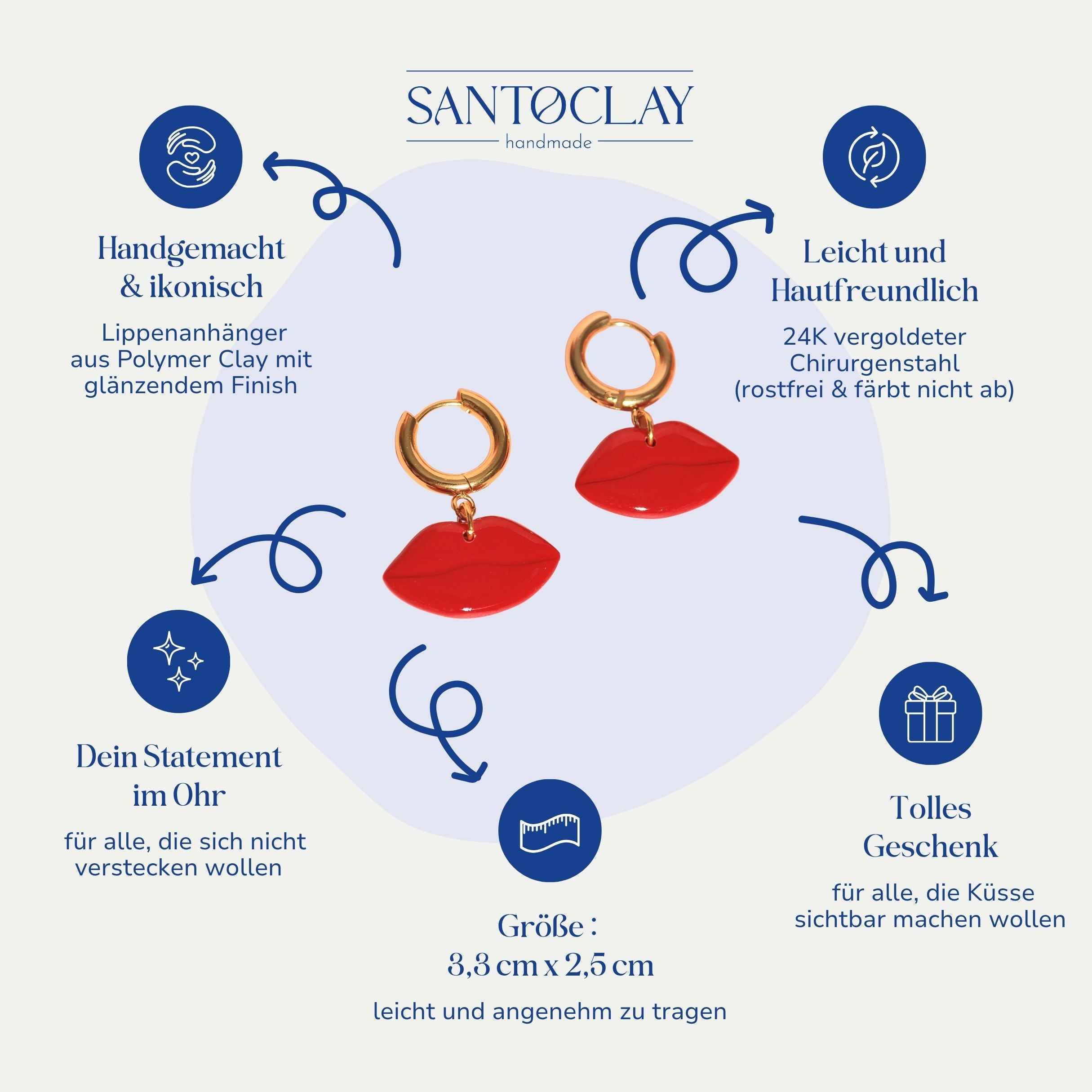 Vorteile der handgemachten Red Kiss Creolen mit Lippenanhängern von Santoclay im Überblick