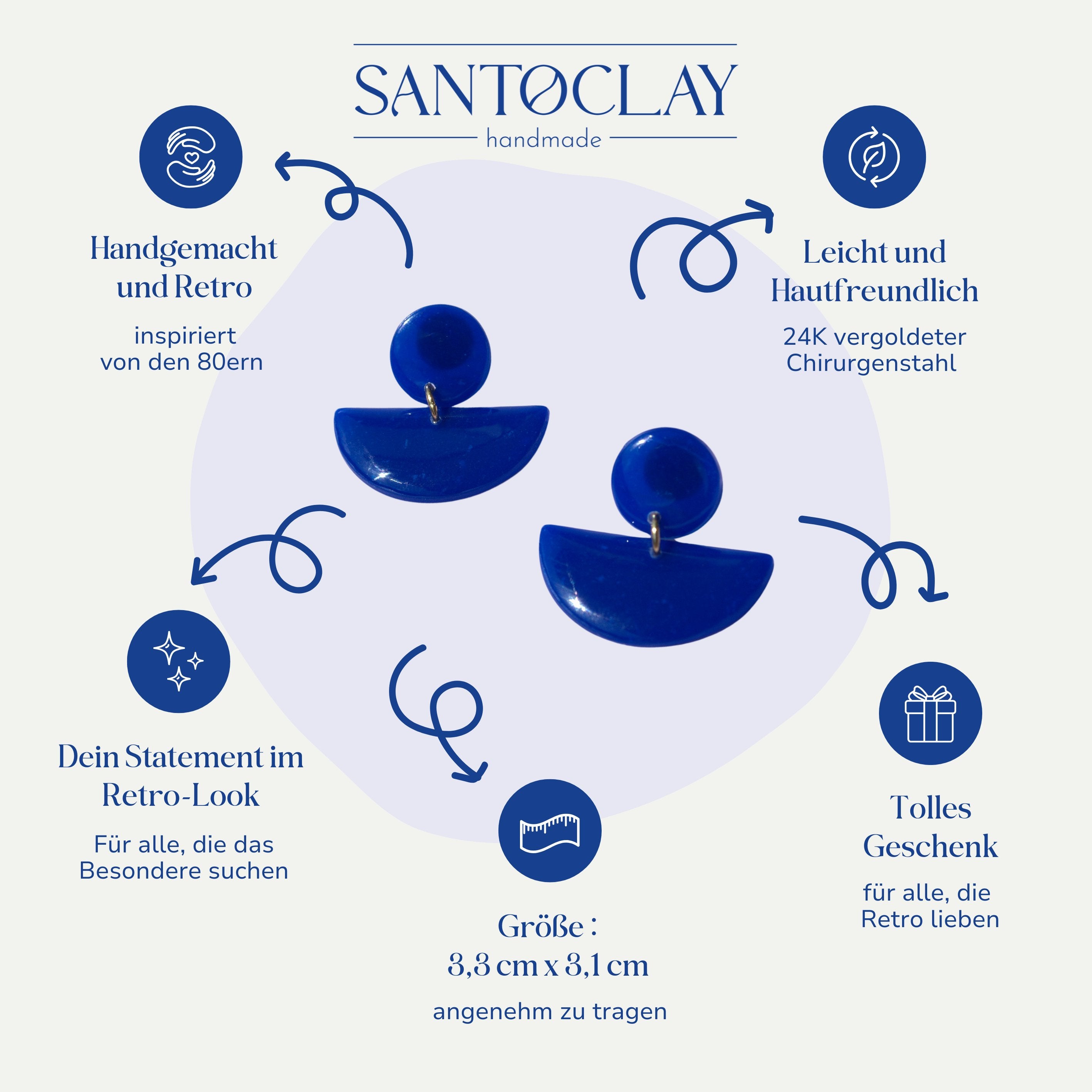 Vorteile der blauen Retro Ohrringe 24k vergoldet Cindy von Santoclay im Überblick