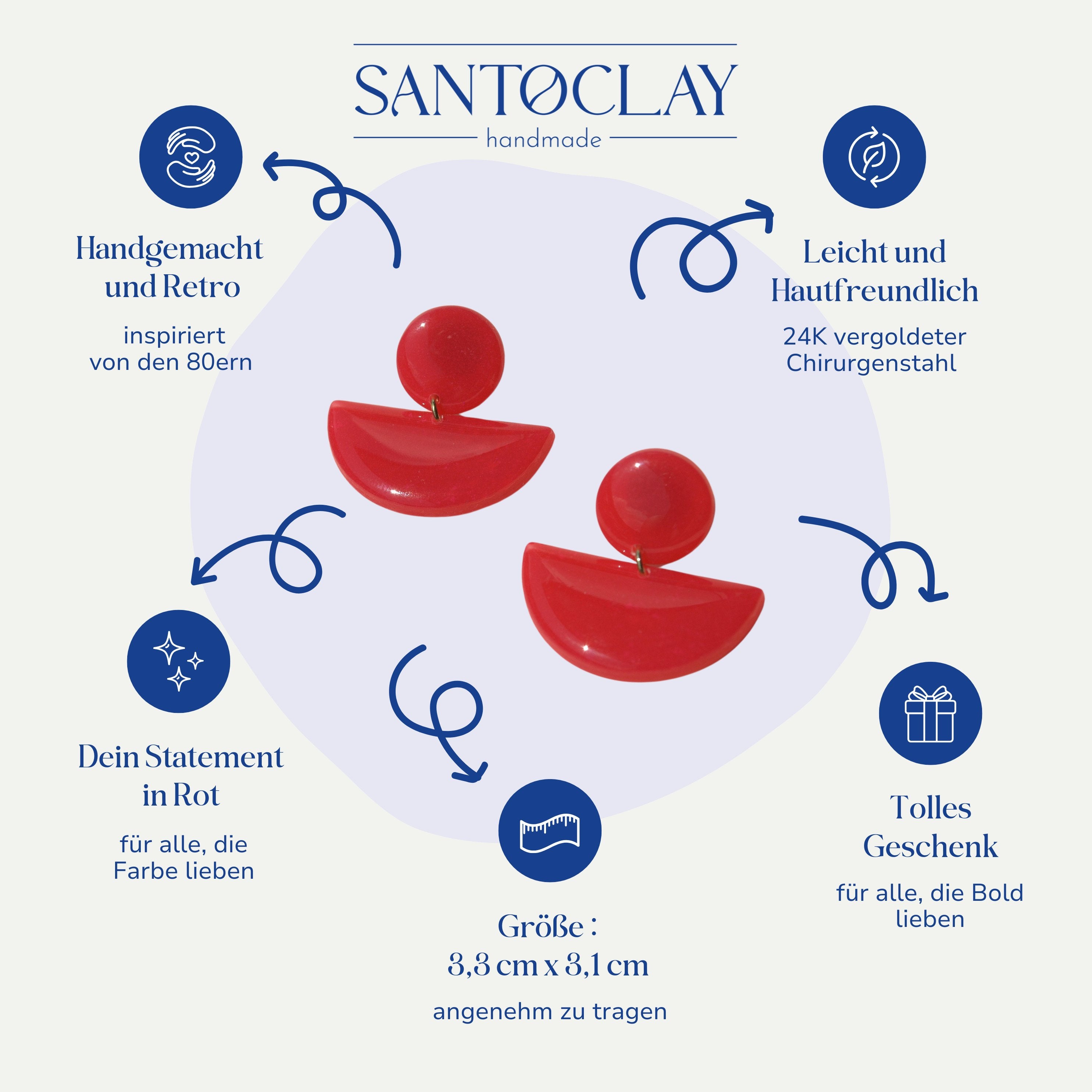 Vorteile der roten Retro Ohrringe 24k vergoldet Cindy von Santoclay im Überblick