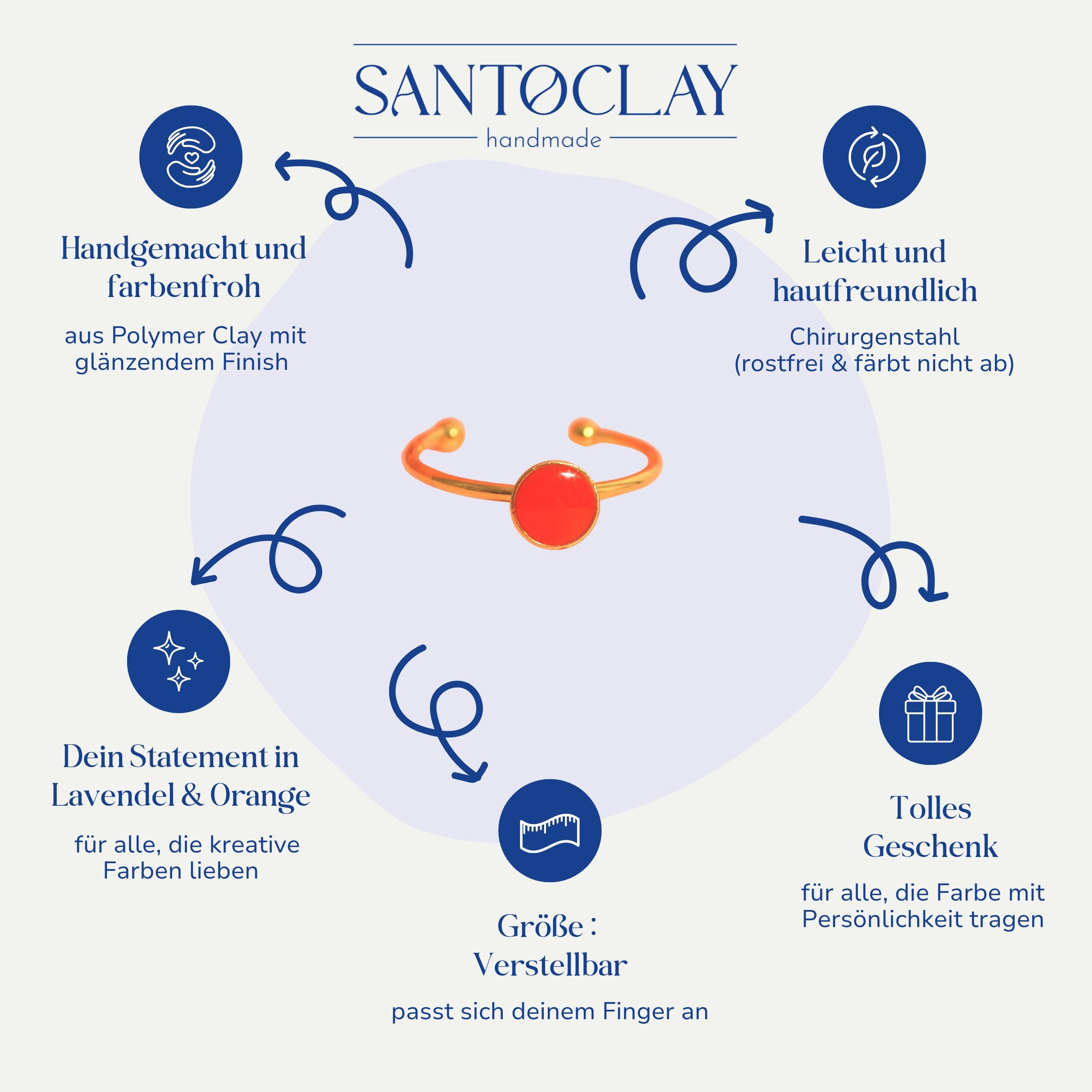 Vorteile des handgemachten verstellbaren Rings in Lavendel und Orange von Santoclay im Überblick